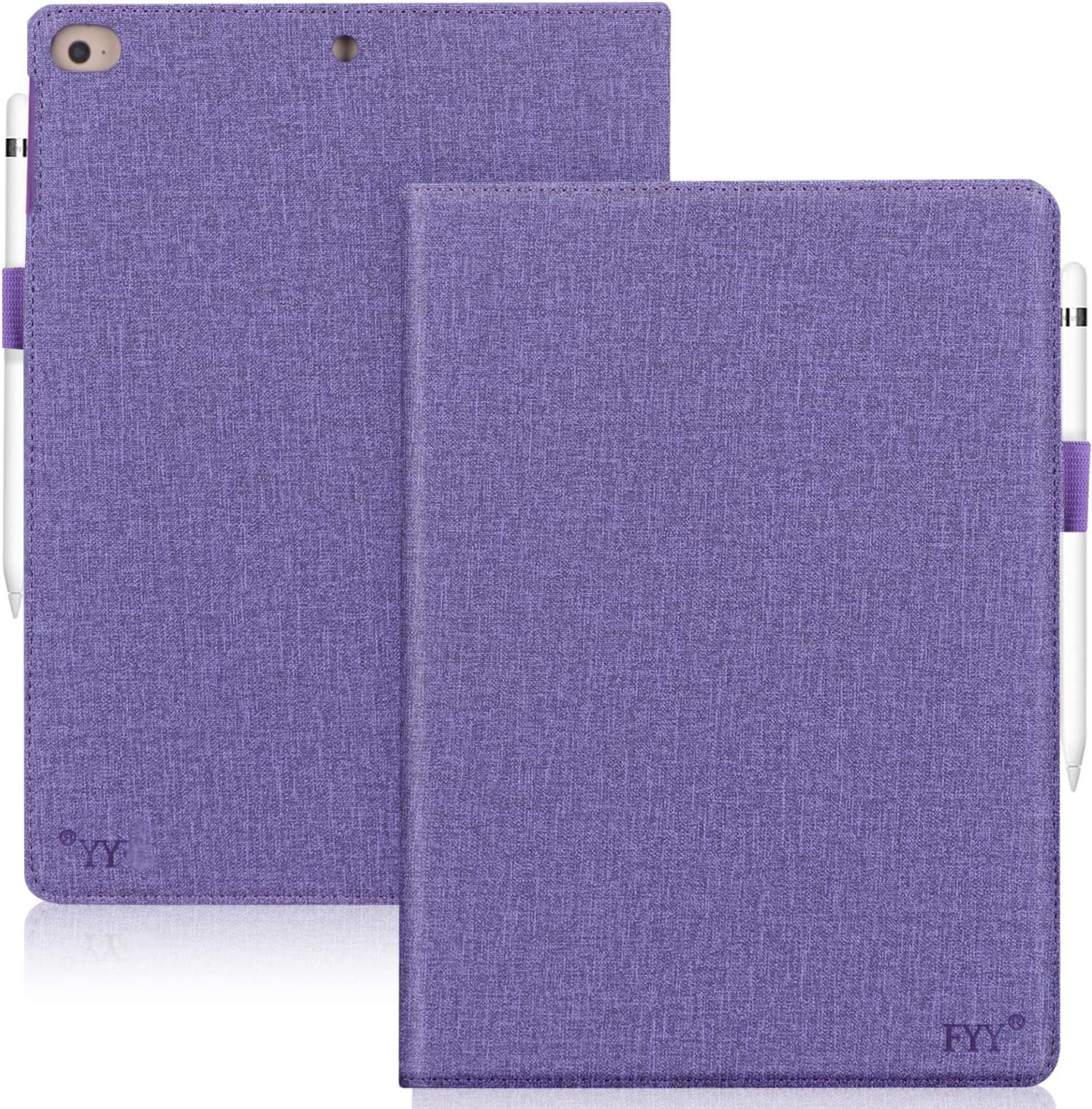 FYY Leather Case with Apple Pencil Holder for iPad Air 1/2, iPad 9.7 2017/2018 - Folio Stand Protective Case Smart Cover with Hand Strap Card Slots for Apple iPad Air 1/2 /iPad 9.7 2017/2018 Purple