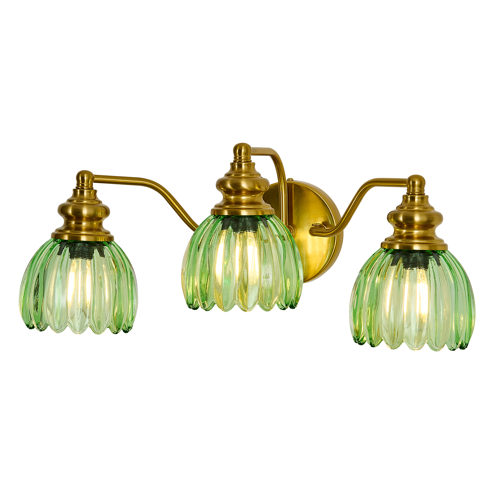 Image of Piepooye Vintage Bathroom Light Fixtures Gold Vanity Light with Green Glass LampShade 3 Lights E26 Bulb Wall Sconce Indoor Vanity Light Over Mirror for Bedroom Kitchen Farmhouse Living Room