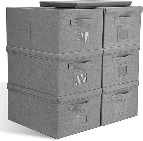 Cajas de almacenamiento de armario de 22.8 cuartos de galón con tapas, de lona gris, plegables, apilables, con tapa plana, para ropa, zapatos