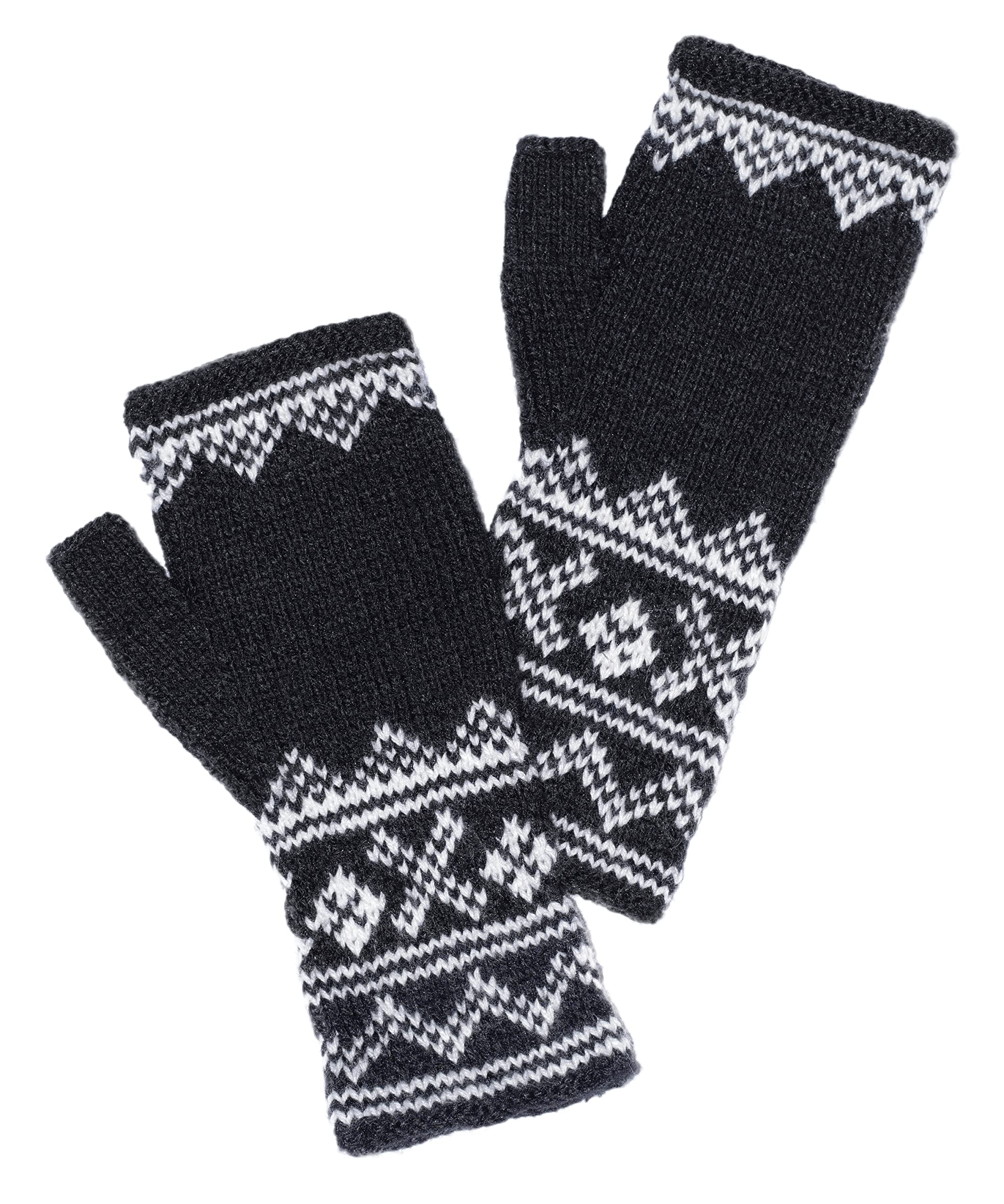 Hand knitted Black and white Alpaca Fingerless Mittens Gloves made in Peru