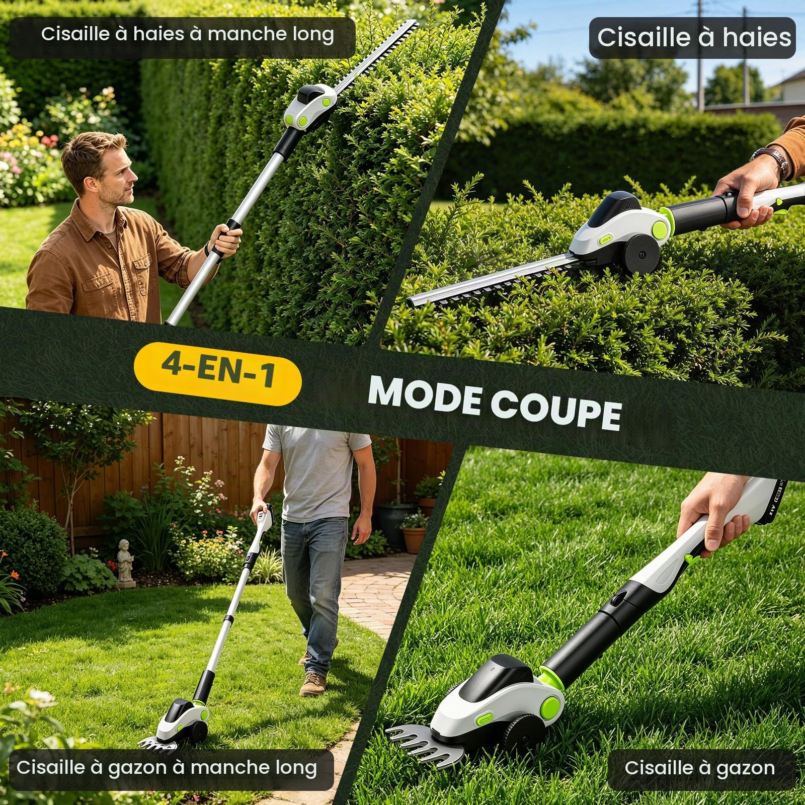 Taille Haie Electrique Telescopique 4-en-1 21V avec 2 Batteries 4,0Ah