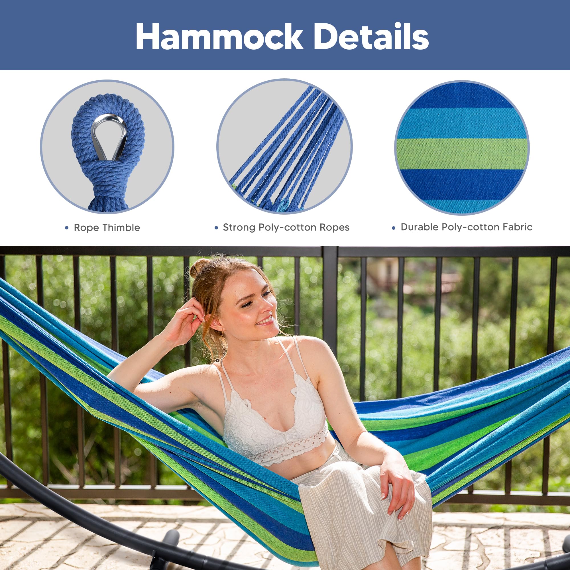 SUNCREAT Hamaca portátil para exteriores con soporte incluido, hamaca doble con soporte para exterior, rayas azules y verdes