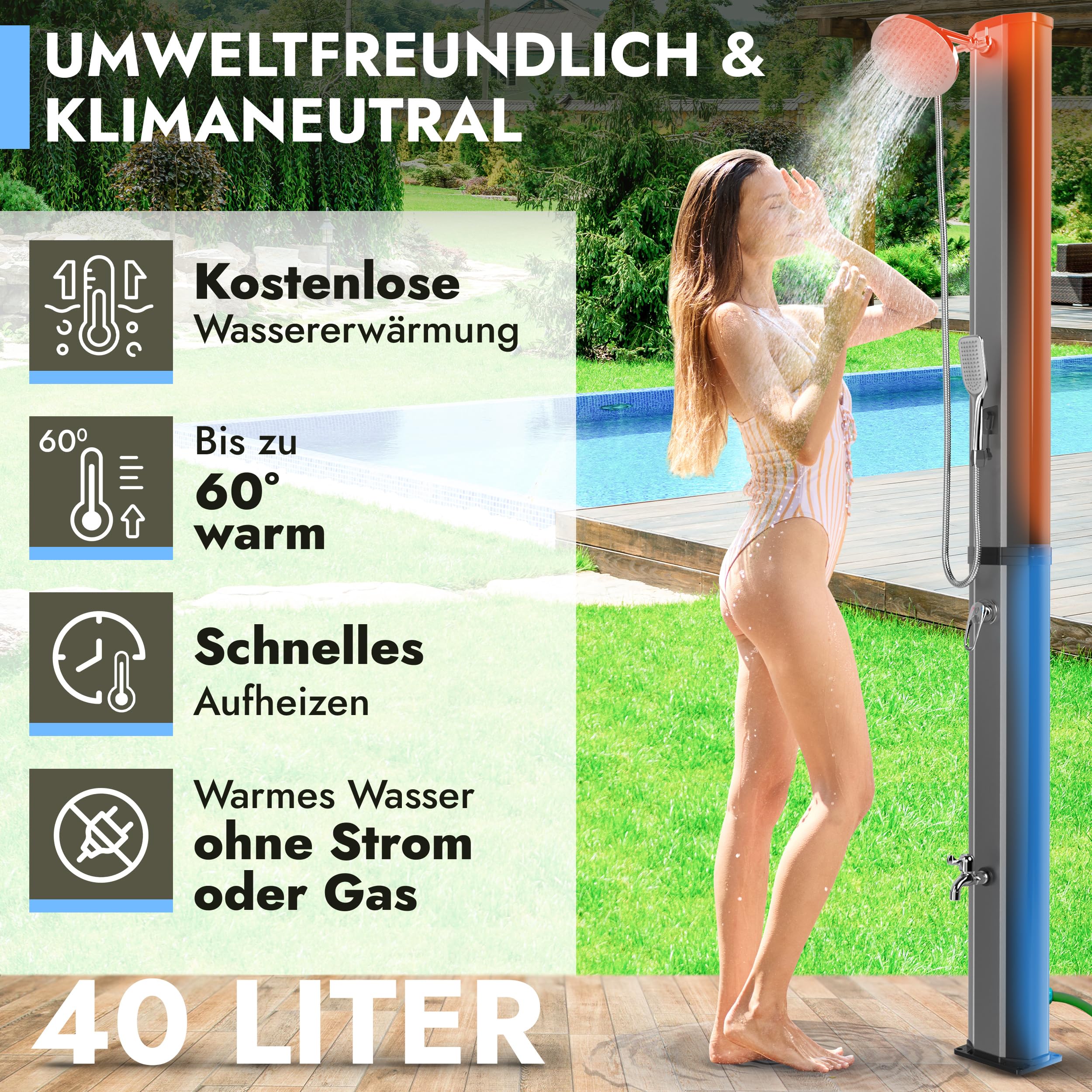 LAWA Living and Lifestyle Garten Solardusche 40l schwarz mit Handbrause | 20cm Duschkopf V2A Edelstahl Front Antikalk Silber Gartendusche Aussendusche ohne Bodenplatte Solar Sauna Dusche Outdoor