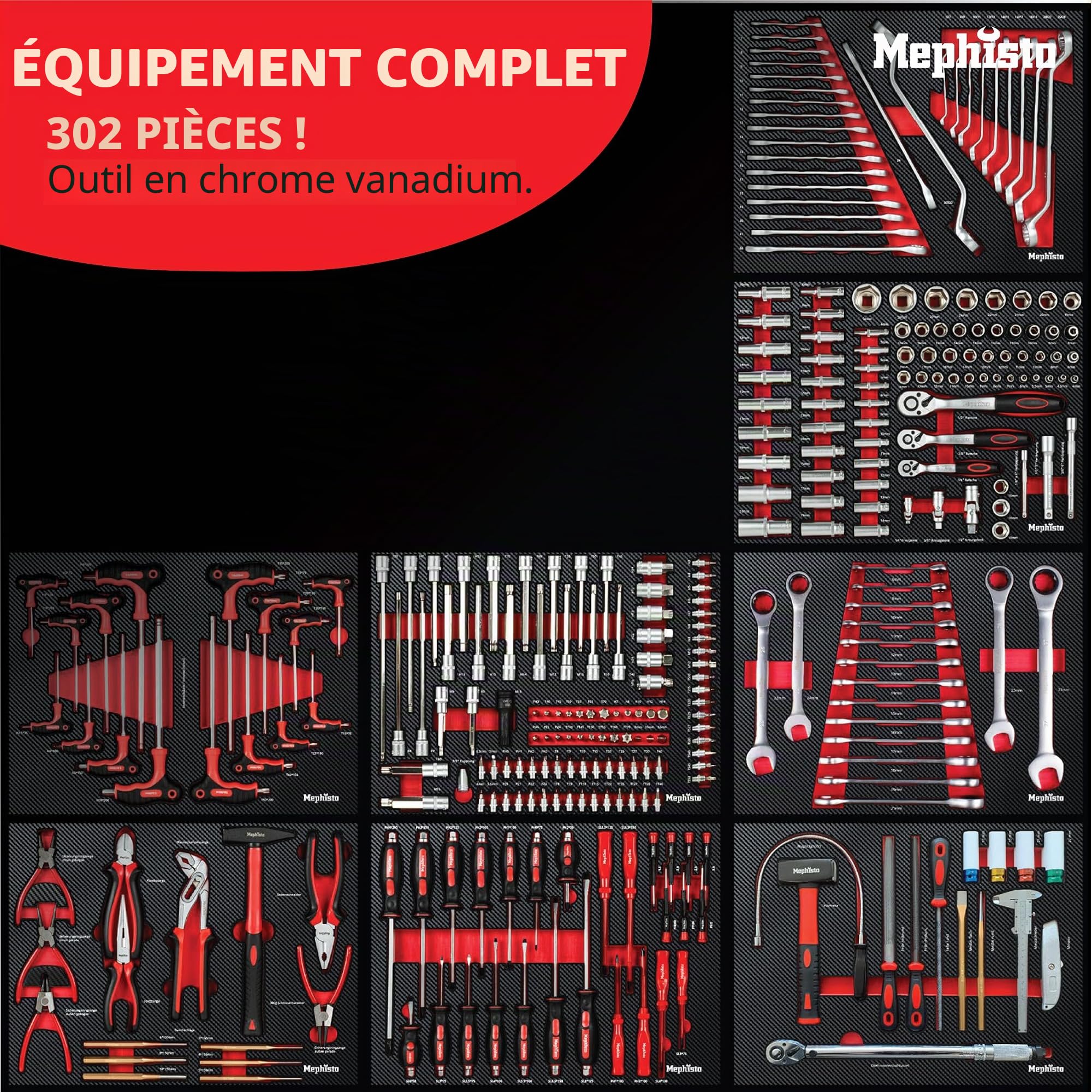 Mephisto Chariot à outils avec roulettes avec 8 tiroirs, dont 8 tiroirs avec outils tels que clés anglaises, cliquet avec boîte à noix, etc