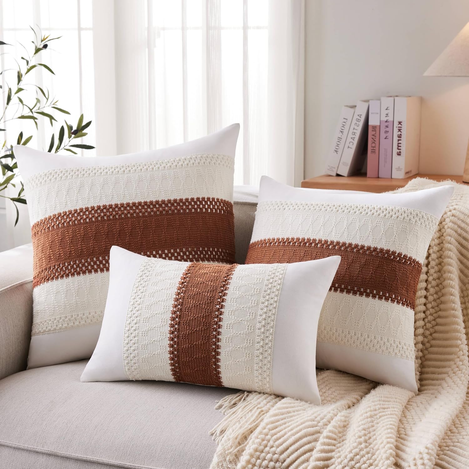 Soft Cotton Boho Throw Pillow Covers Set of 2, Natural White/Contrast Terracota 22x22 Inch, Terracota Farmhouse Decorative Cushion Covers for Sofa Bed Living Room Home Decor