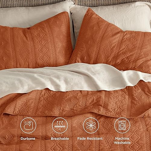 Miniatura 3 de Bedsure Juego de edredón 100% algodón, colcha ligera tamaño Queen, acogedora colcha de 3 piezas con fundas de almohada en patrón geométrico para