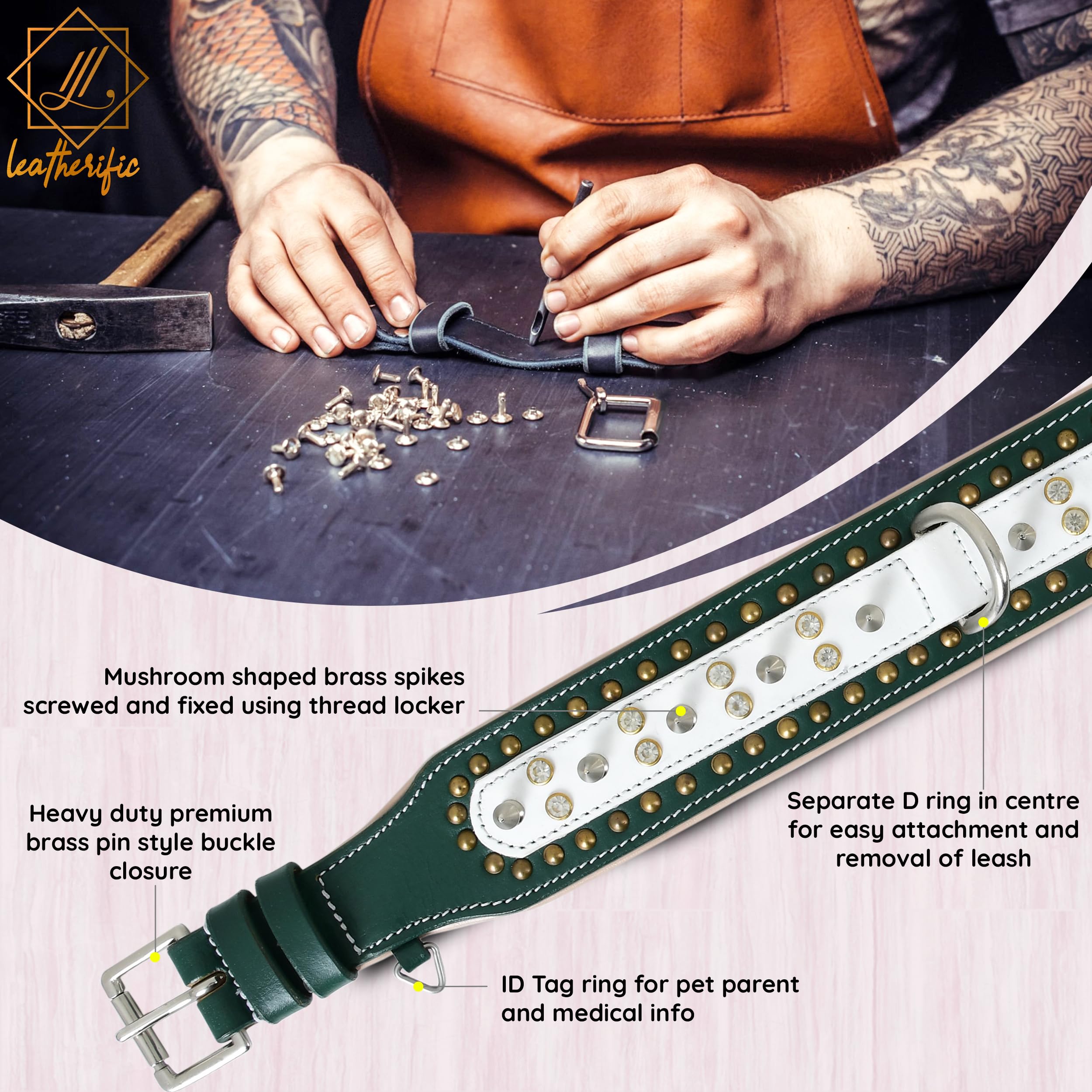 Leatherify - Collar de cuero genuino para perro, de alta calidad, resistente, acolchado, fuerte, con picos atornillados, razas medianas, grandes, extragrandes, 2 pulgadas de ancho (color verde bosque
