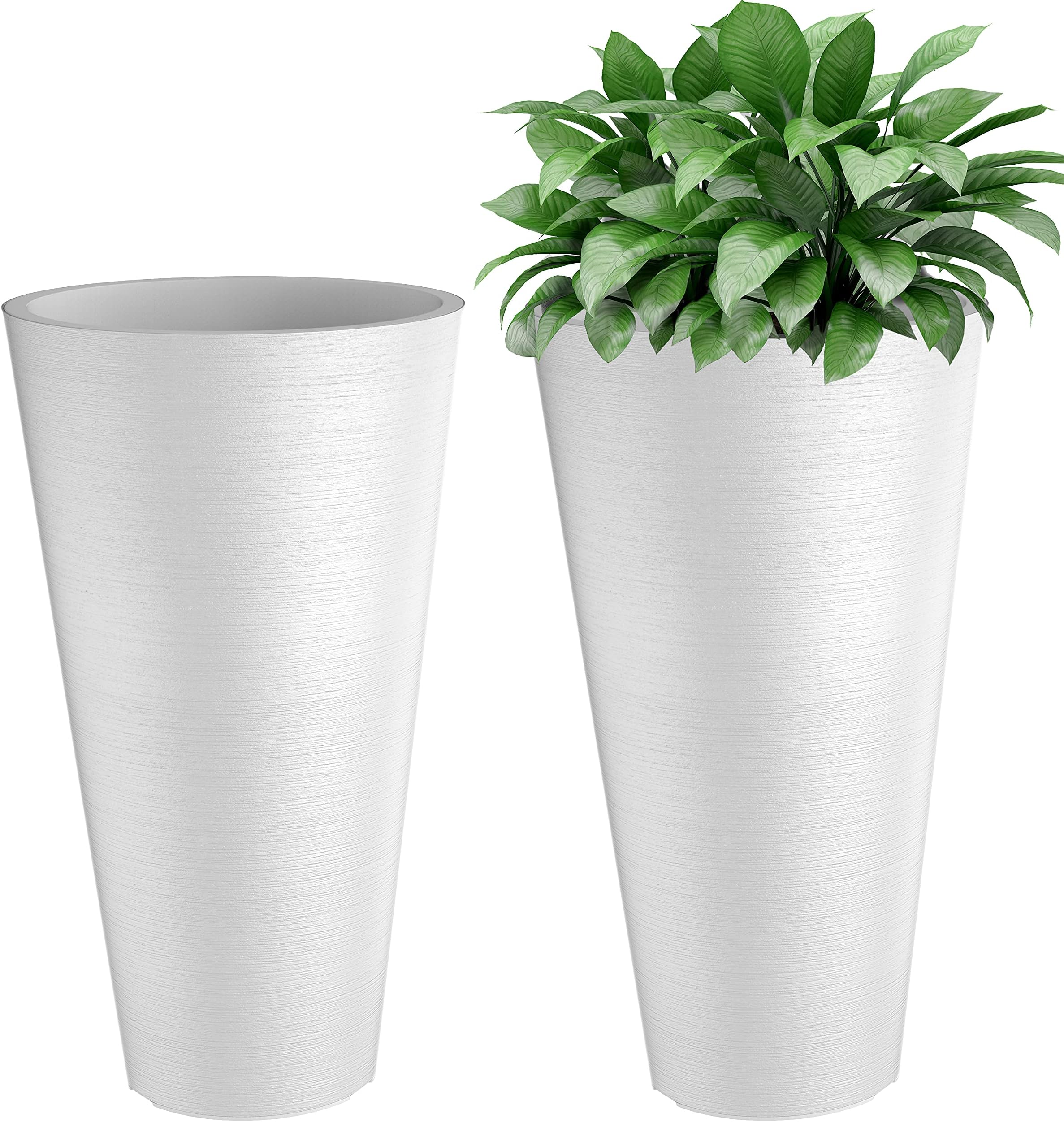 Verel White 24 Inch Tall Outdoor Planters with Small 10 Inch Pots - Set of 2 Modern Round Plastic Indoor Floor Standing Flower Pots