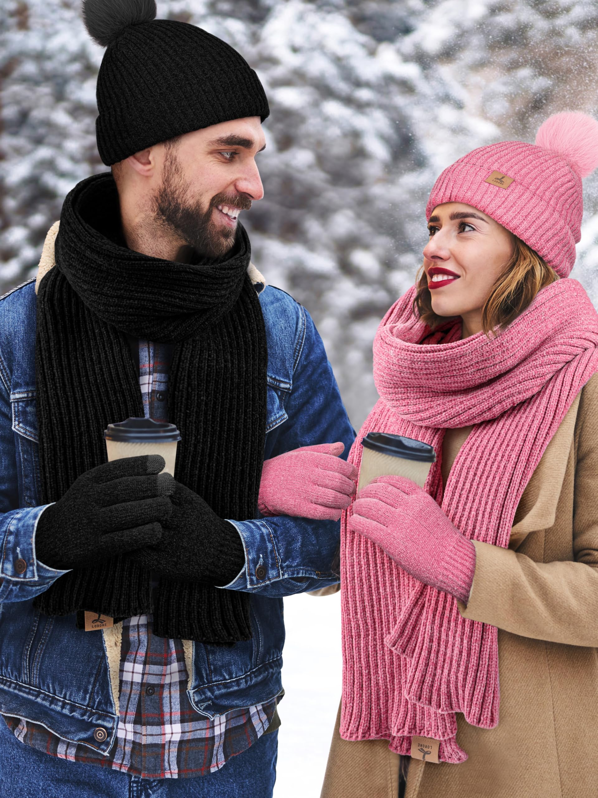 Set invernale caldo cappello sciarpa e guanti touch screen, lavorato a maglia con pompon, cappello scaldacollo, sciarpa lunga, guanti invernali per donne e uomini