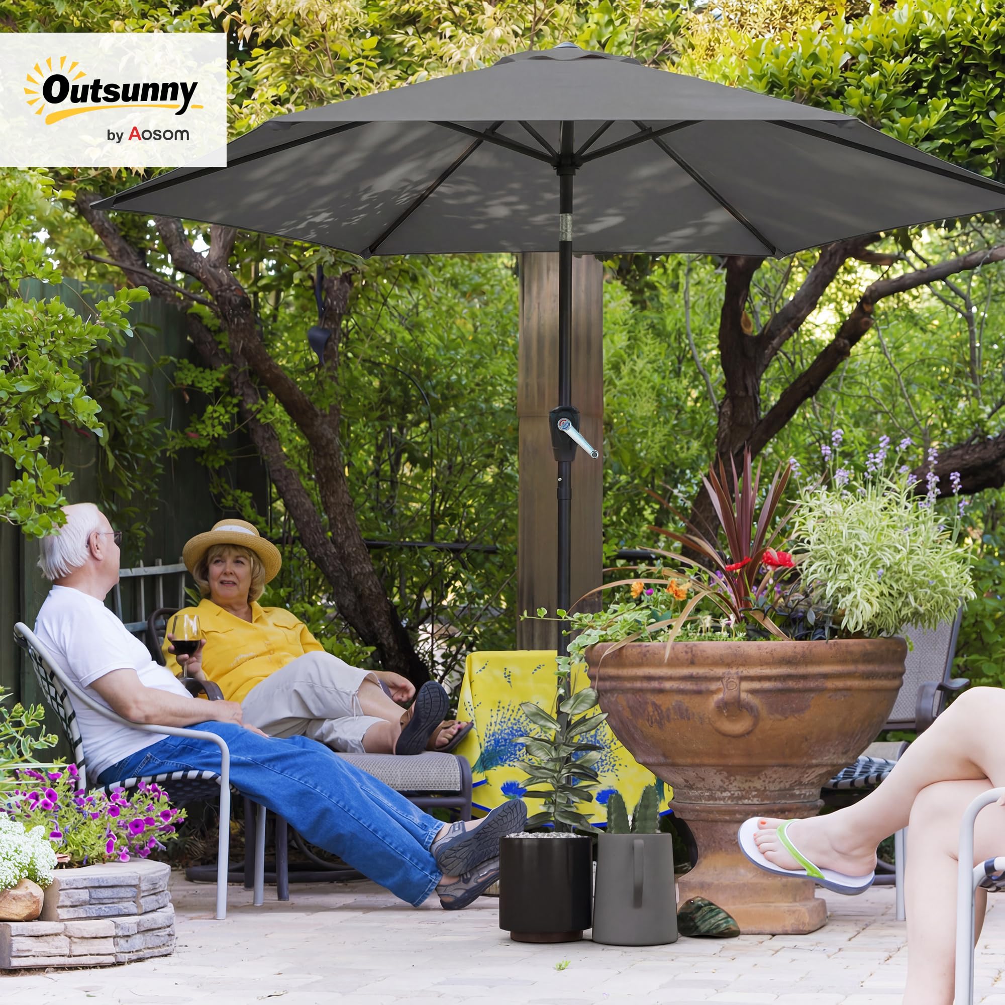 Outsunny Parasol Ø270 cm Regulowany Balkonowy z Korbką UV 50+ Ogrodowy Stabilny Markiz Przeciwsłoneczny na Taras Balkon Ciemnoszary