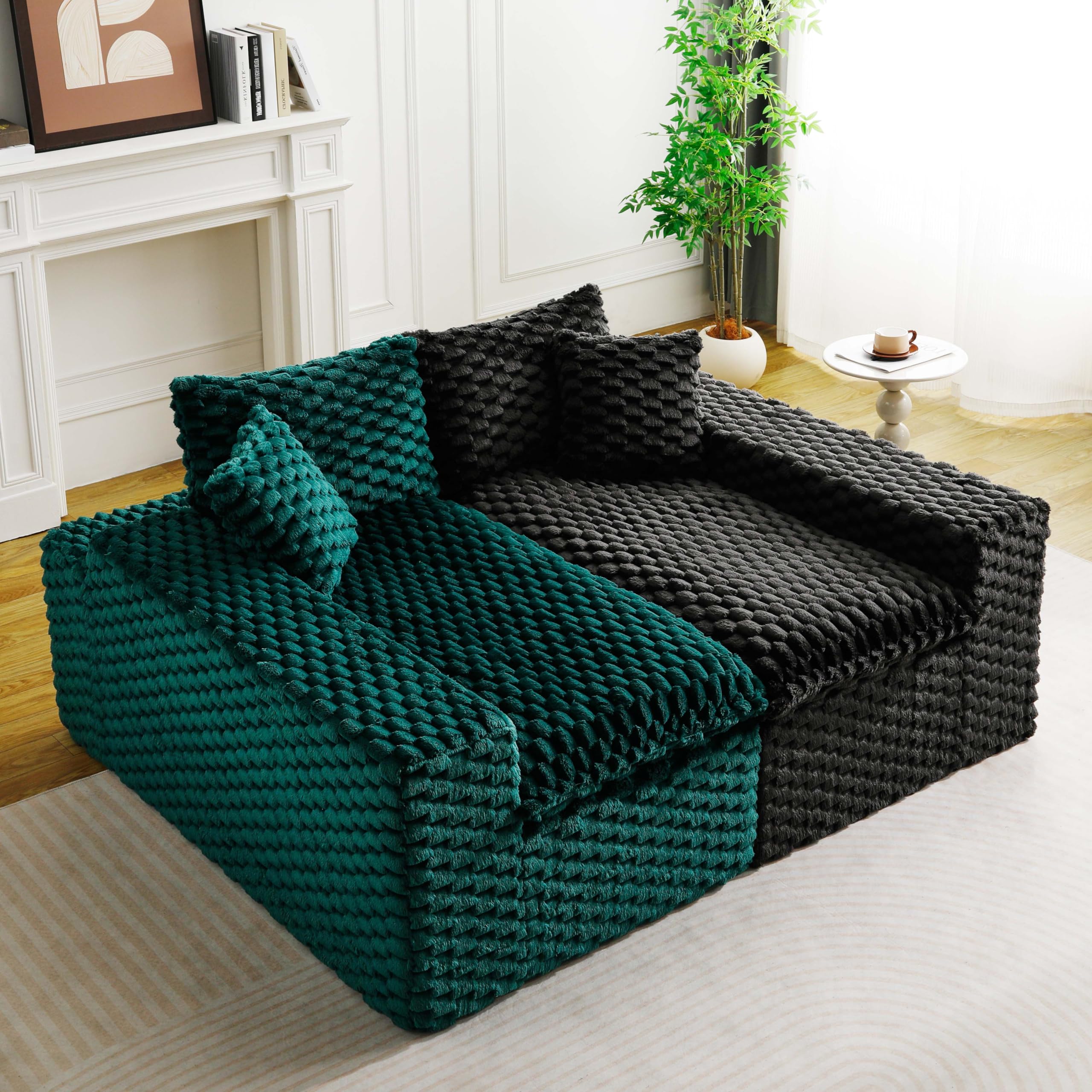 KEIKI 120" Modular Boneless Couch Full Chaise for Bedroom, 4-Seater Sectional Couches for Living Room Furniture, Deep Seat Fluffy Soft Sofa Bed for Studio Apartment Room Pet Friendly, Black Green