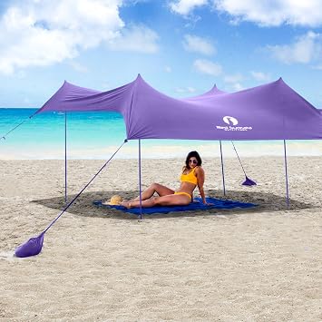 Red Suricata Family Beach Tent & Canopy, UPF50 Sun Shade, 4 Aluminum Poles, Sand Shovel, Medium Portable Sun Shelter Medium, Purple