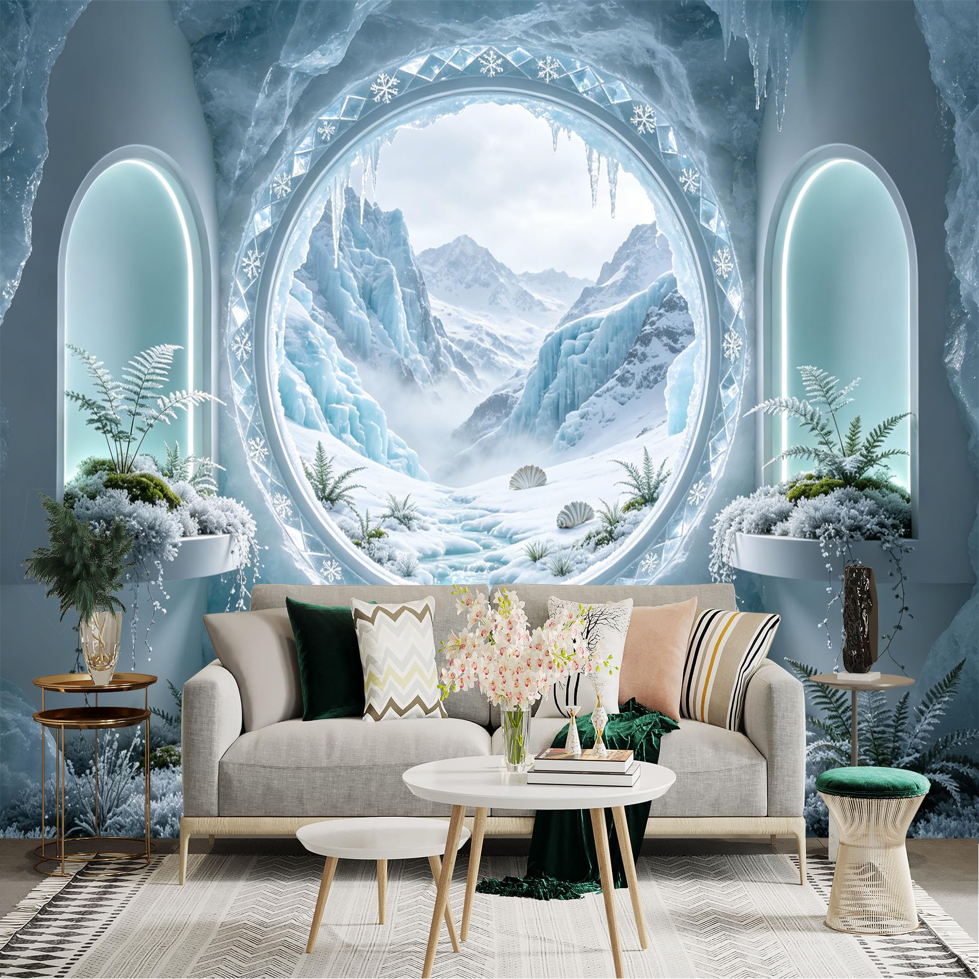 Custom Size Wall Sticker Mural， Frozen Mountain Landscape with Ice Cave and Winter Waterfall， for wall Decoration， peelandstick wall Decals.