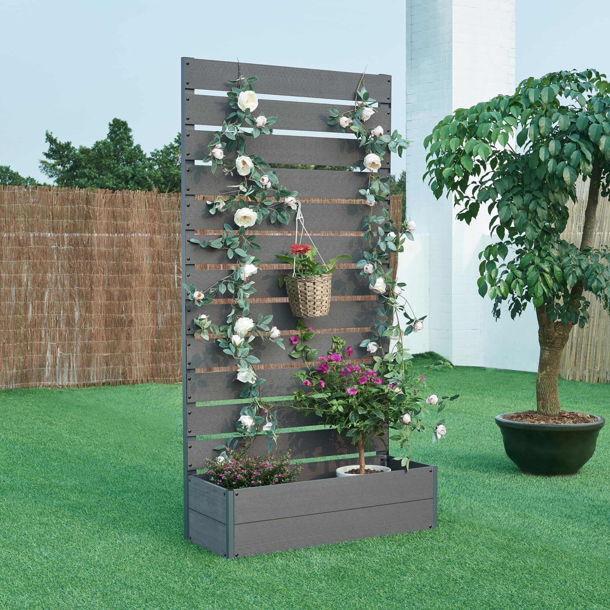 [en.casa] Fioriera con Spalliera in WPC Pannello Divisorio con Cassetta Portapiante Fioriera Separè da Terrazza Balcone 180 x 90 x 38 cm Grigio
