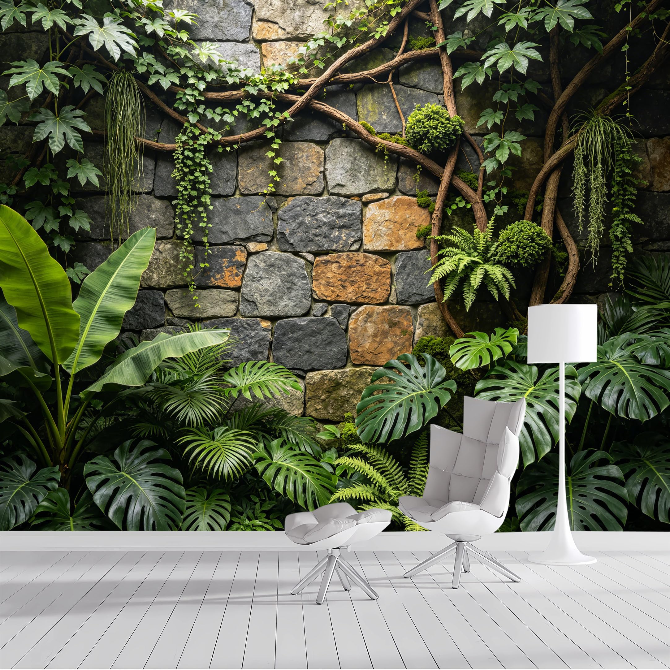 Custom Size Wall Mural Tropical Jungle Greenery Stone Wall Botanical Forest Natural Leaves SelfAdhesive Wall Fabric Removable Peel and Stick Wallpaper for Living Room Bedroom Bathroom