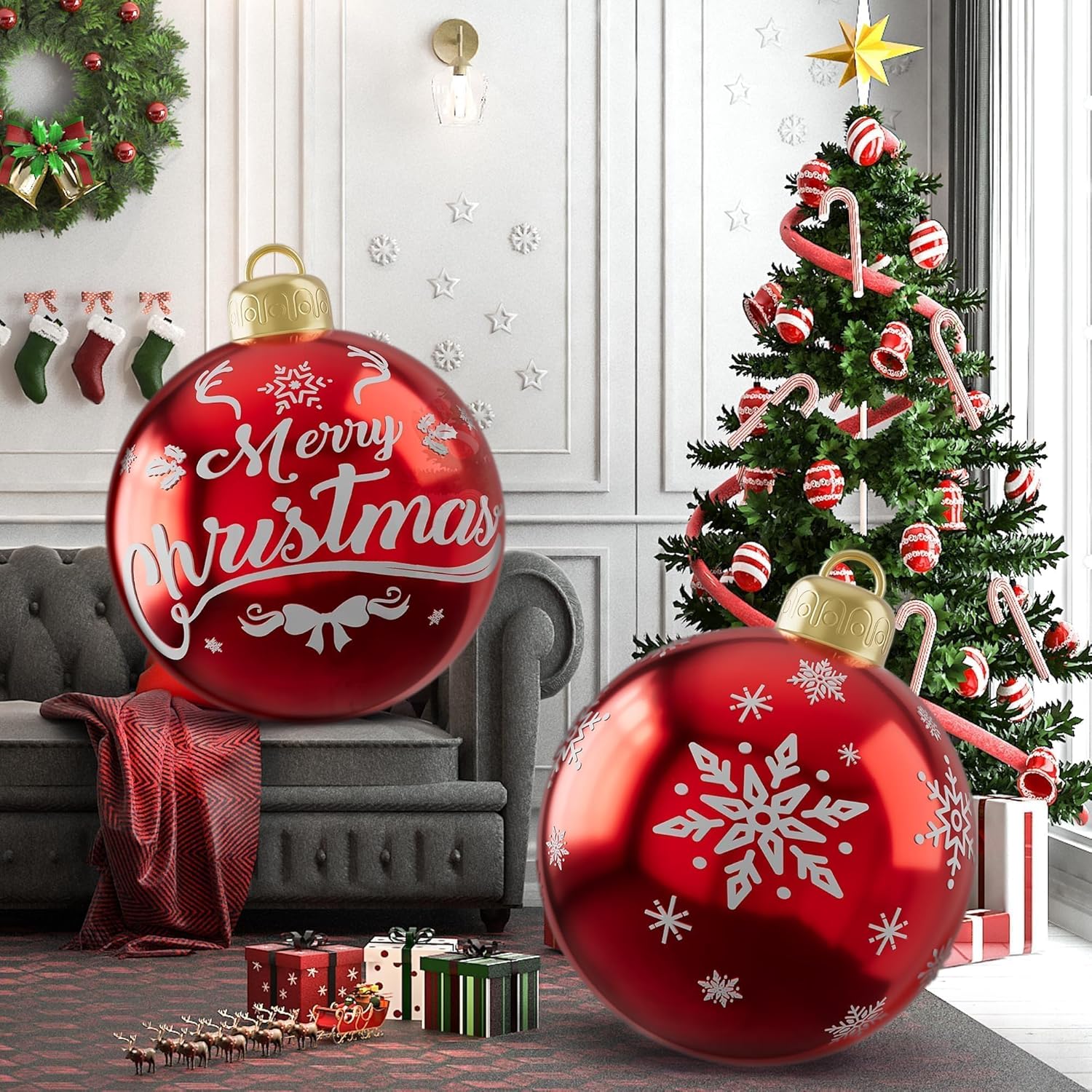 2PCS 24 Inch Christmas Inflatable Ball, PVC Giant Inflatable Ornaments Balls Red Blow up Ornament Balls, Inflatable Christmas Decorations for Outside Holiday Yard Lawn Decor(Merrychristmas Snowflake)