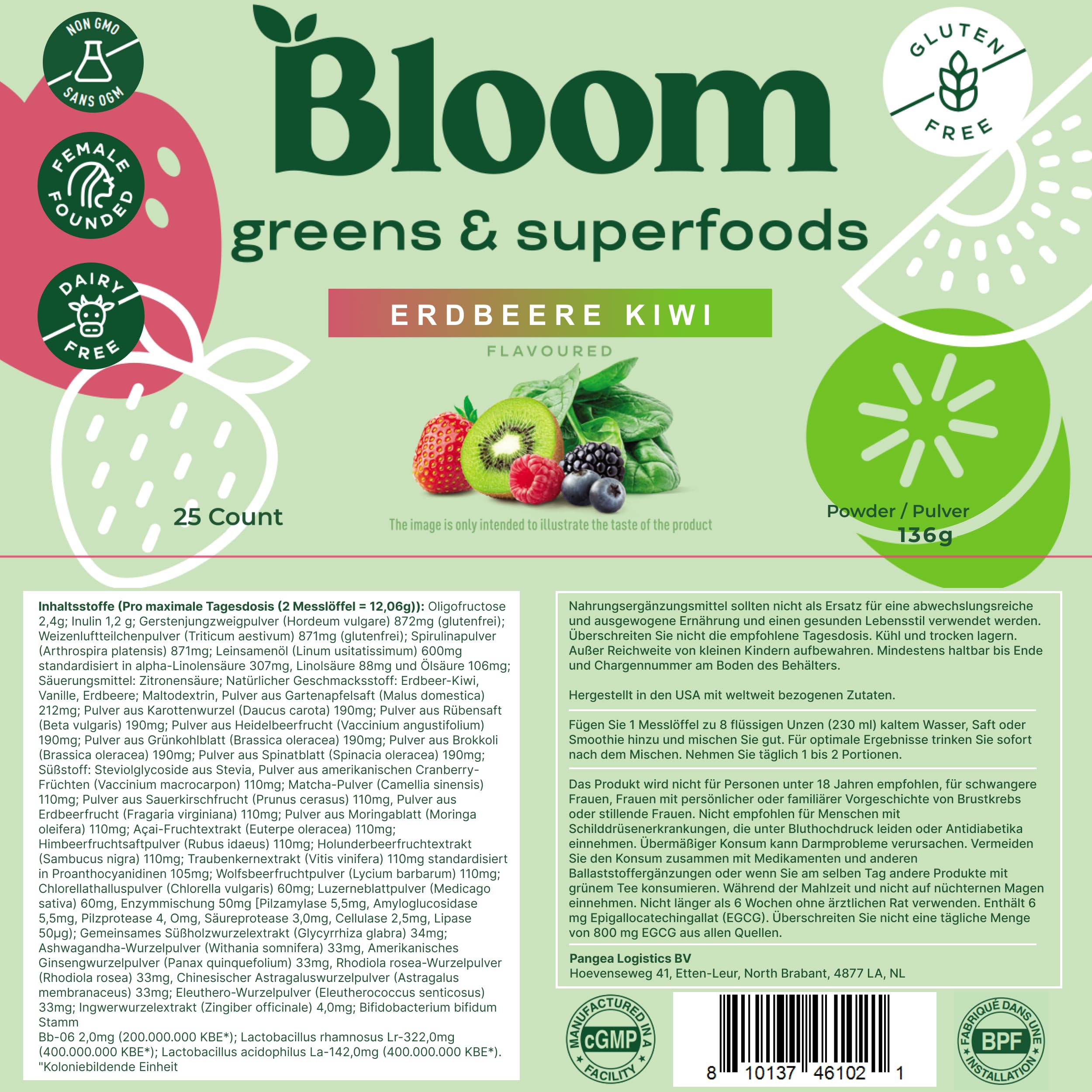Bloom Superfood Pulver Frauen – Erdbeer-Kiwi – Mit Probiotika, Enzymen, Spirulina, Chlorella – Unterstützt Darmgesundheit, Detox & Energie – Anti-Blähbauch – 25 Portionen – Smoothie Boost