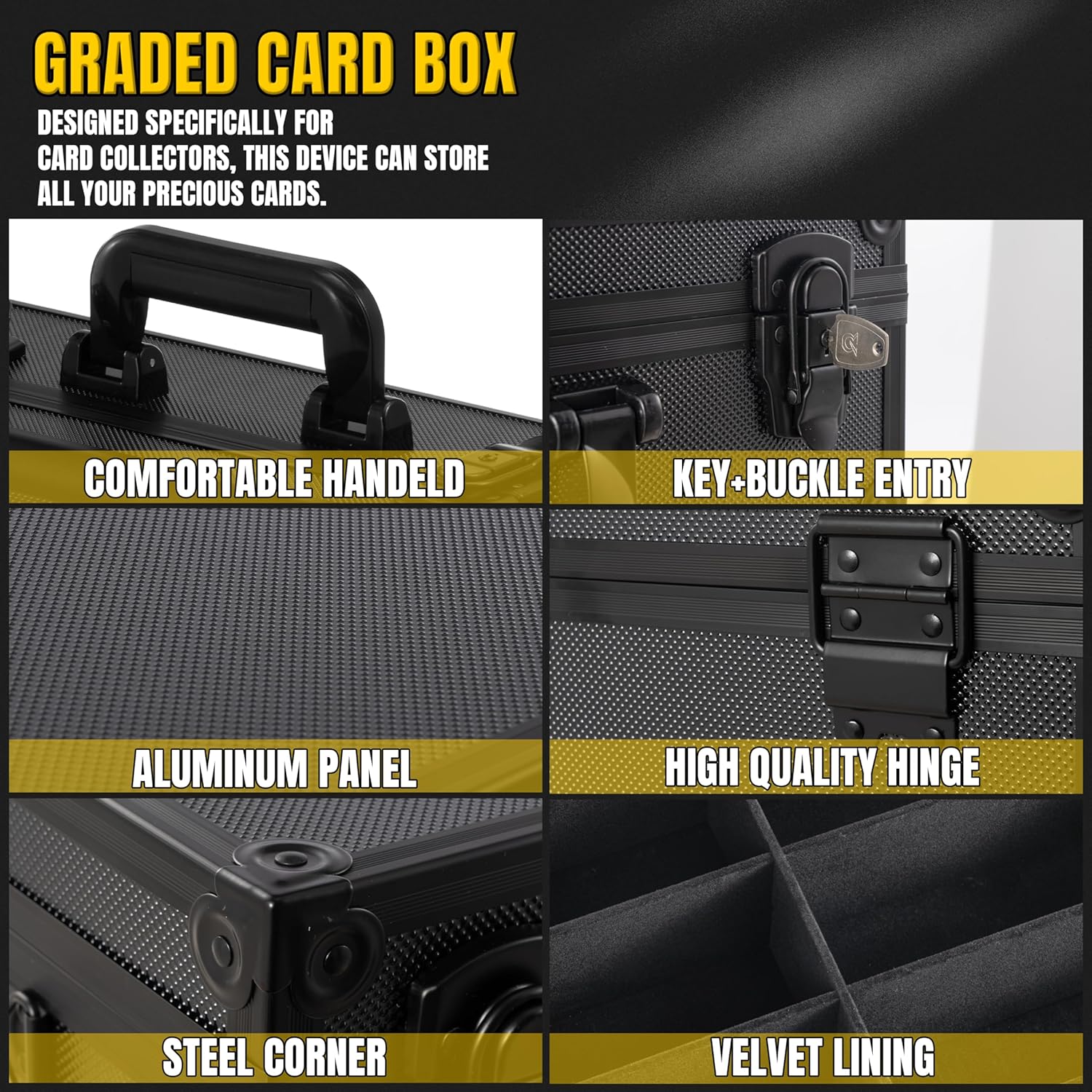 Toploader Storage Box for 3x4 35pt Rigid Cards, Top Loader Cards – Holds 600+ Top Loaders - Aluminum Alloy Trading Card Case, Sports Card Storage Box with Lock (Large Black)