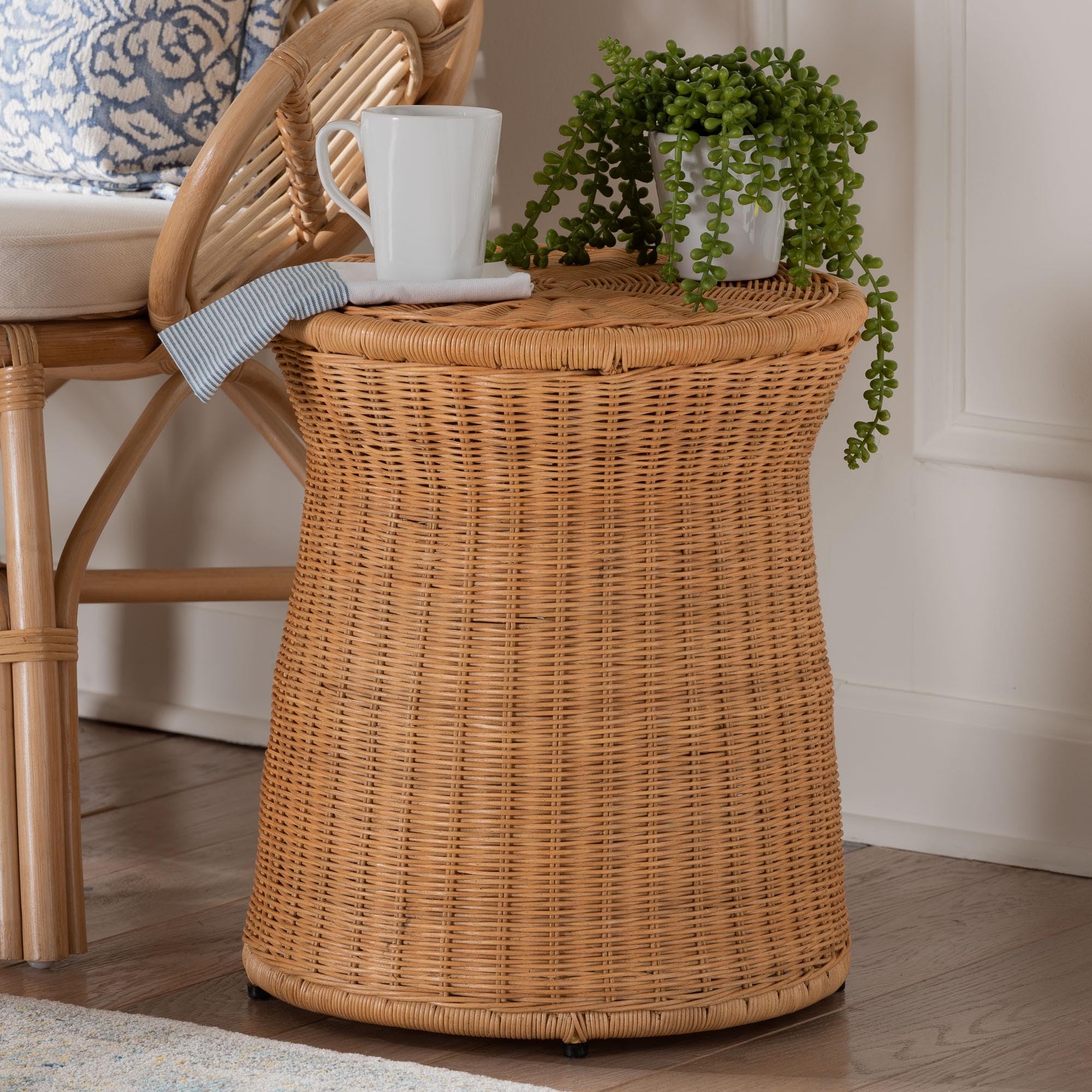 Bali & pari Caroline Round Natural Rattan End Table – Handwoven Wicker Drum Shape Accent Table for Living Room or Sunroom, Light Honey