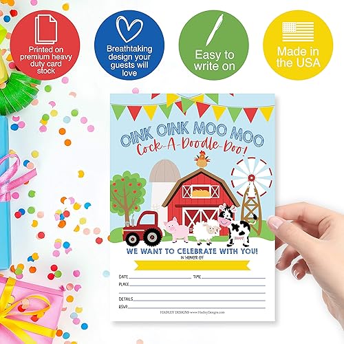 Miniatura 4 de Hadley Designs 25 Cartoon Farm Barnyard Cumpleaños Kid Party Invitación, Animal Cerdo Vaca Invitar para Niña, Tractor Granero Tema Country Rodeo