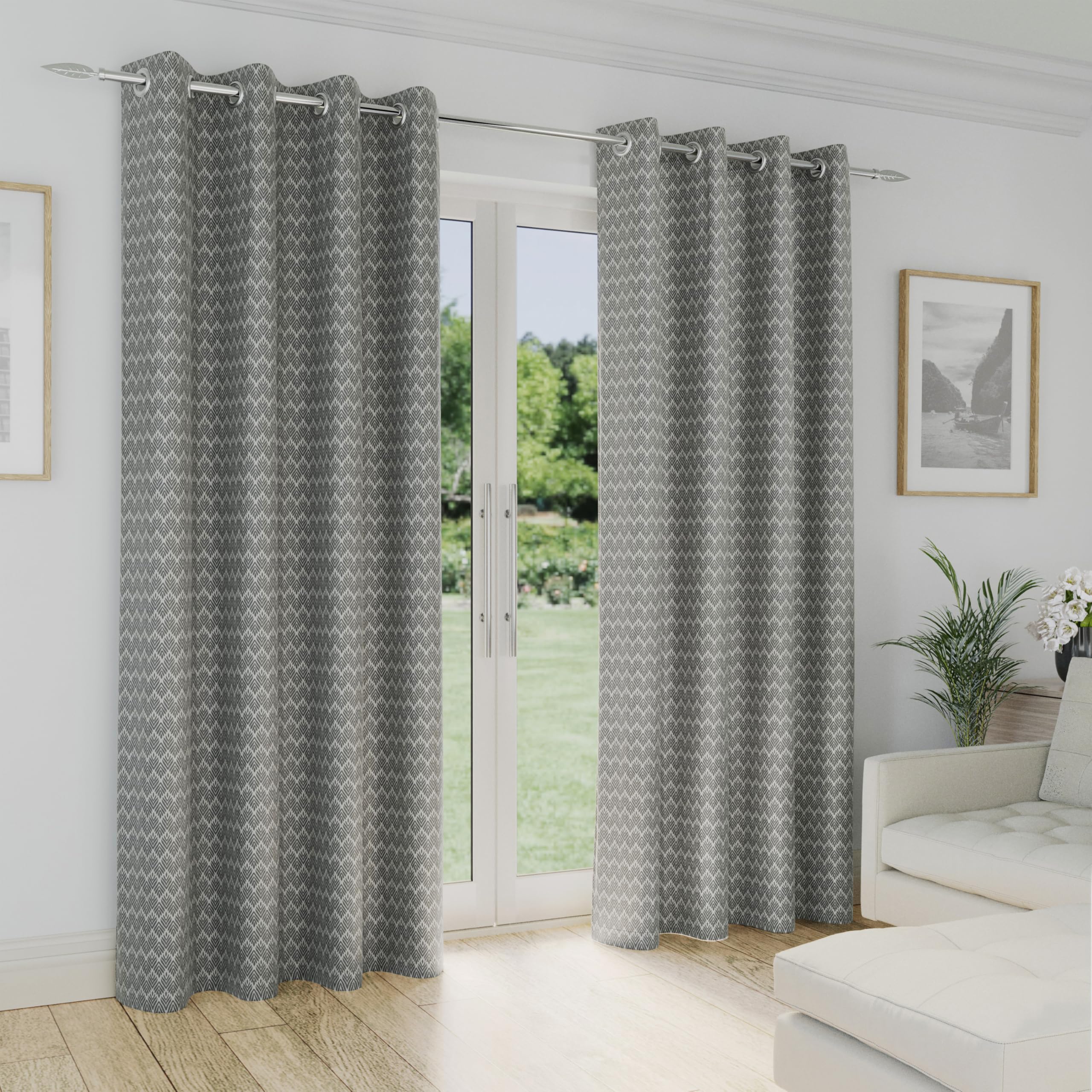Enhanced Living Aspen Grey Chevron Pattern 46 X 54" (117X137Cm) Eyelet Thermal Noise Reducing Room Darkening Curtains (Pair) from B&Q