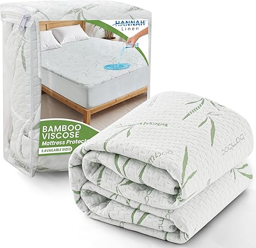 Hannah Linen Protector de colchón de bambú, 100% impermeable, funda de colchón individual – Funda de colchón de bolsillo profundo ajustable de hasta