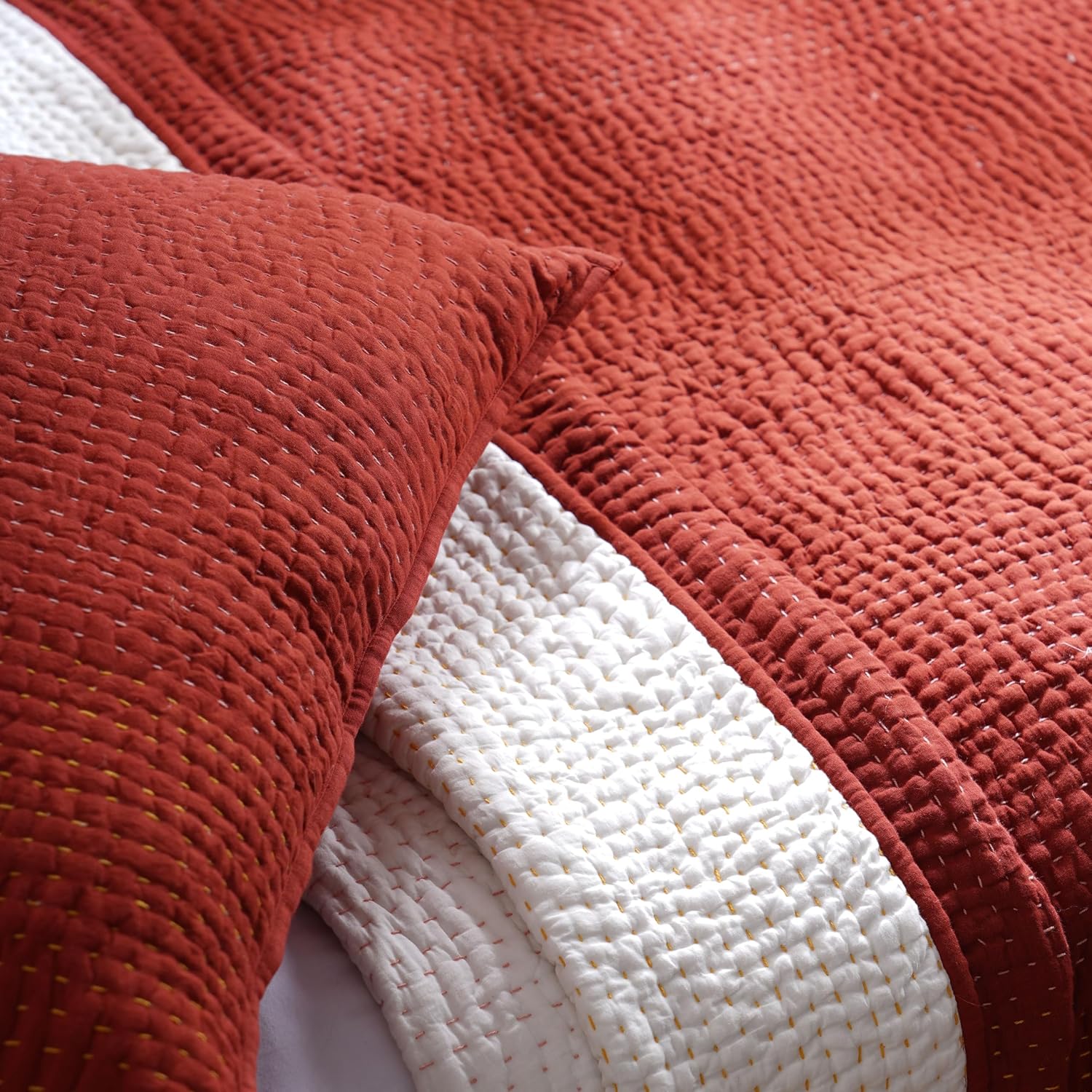 Kantha Quilt - Hand Quilted 4 Layer Muslin Gauze with Cotton Wadding, Terracotta, King (U.S. Standard)