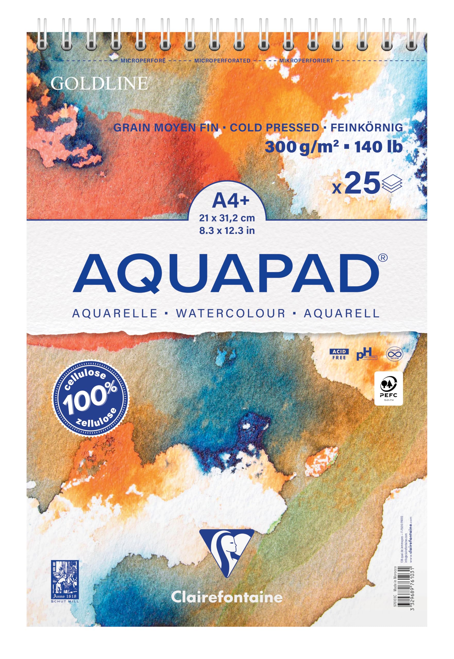 Clairefontaine 976103C - - One Aquapad A4 Micro-Perforated Spiral-Bound pad 21x29.7 cm 300g - 25 Sheets of White Watercolour Paper with Medium-fine Grain