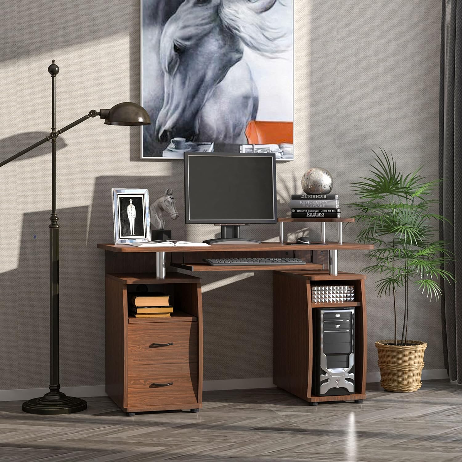HOMCOM Multi-Function Computer Desk Home Office Workstation with Sliding Keyboard Tray, Elevated Shelf, Drawers and CPU Stand, Brown : Home & Kitchen