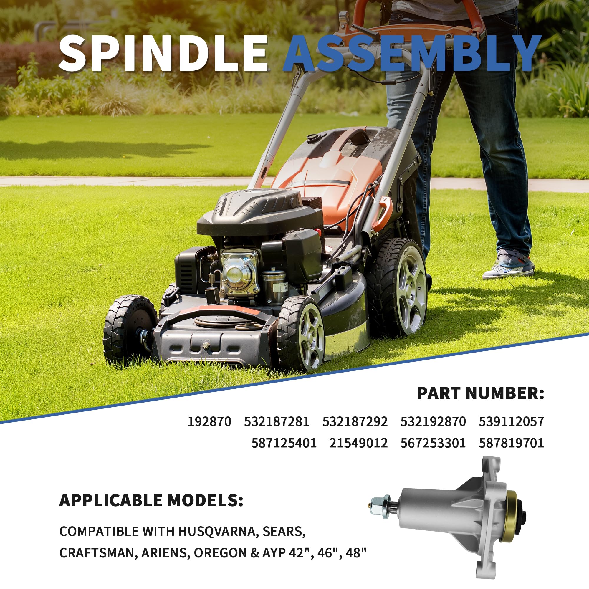 Conjunto de mandril de husillo compatible con Husqvarna de 42 pulgadas, 46 pulgadas, 48 pulgadas, 54 pulgadas, husillo de cubierta de cortacésped Craftsman 2200 567253301 187292 para