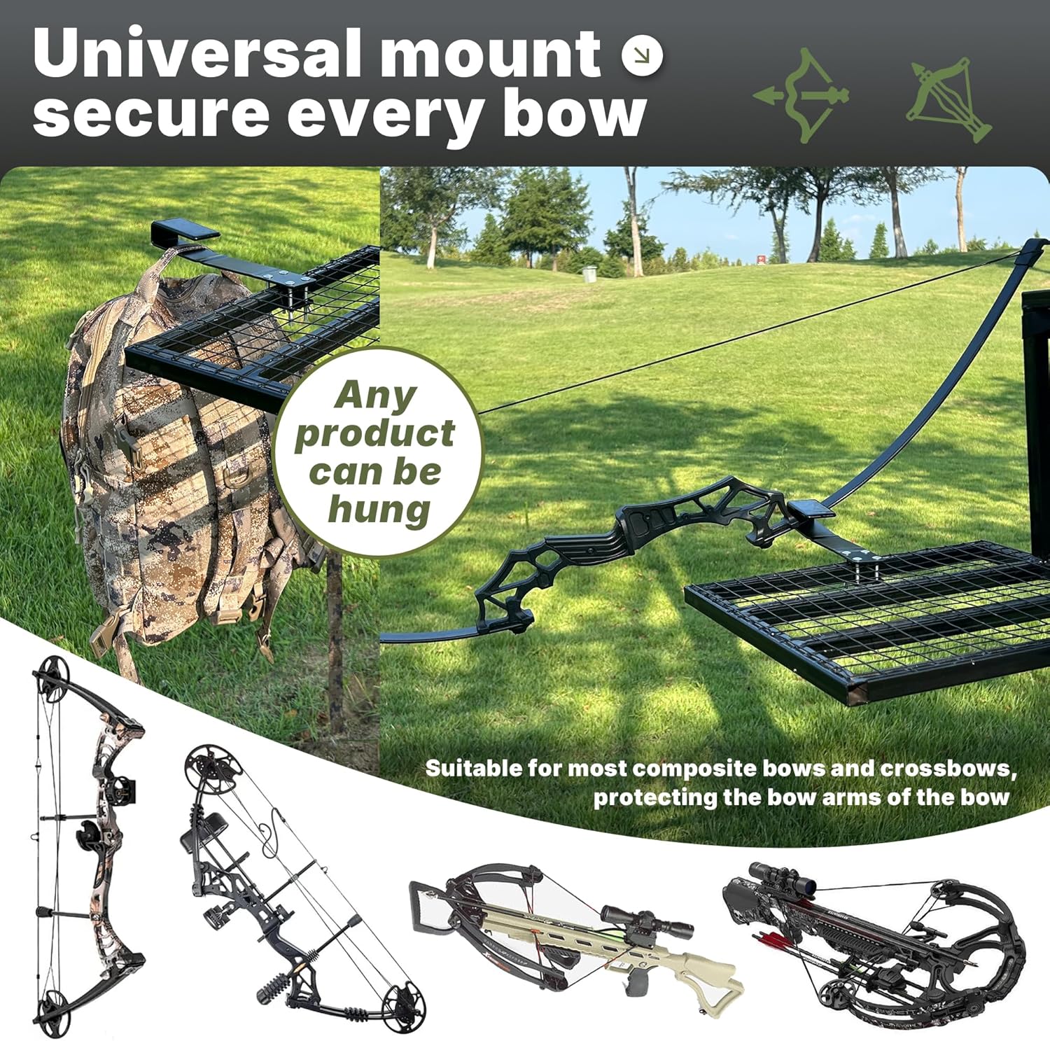 Universal Hunting Bow Holder for Tree Stand Bow Hanger with Detachable Anti Slip Protective Cover, Tree Stand Accessories for Compound Bow Stand, Easy to Install with 4 Fixing Bolts