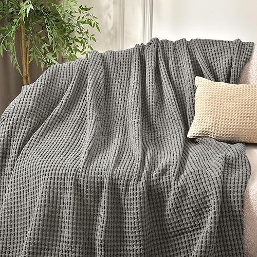 Miniatura 7 de PHF Manta cálida de tejido gofre de 100% algodón lavado, tamaño individual suave, acogedora y transpirable para todas las estaciones, manta de punto