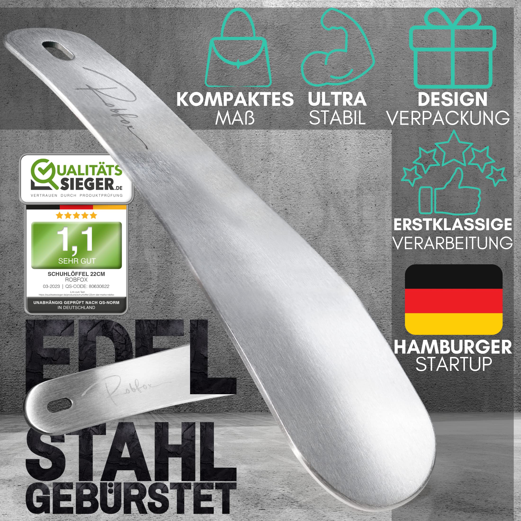 Robfox Schuhlöffel klein I 22cm lang & extra stabil I gebürstetes Metall I Schuhanzieher klein aus Edelstahl I kompakte Schuh Anziehhilfe I Schuhauszieher kurz I kleiner Kinder shoe horn