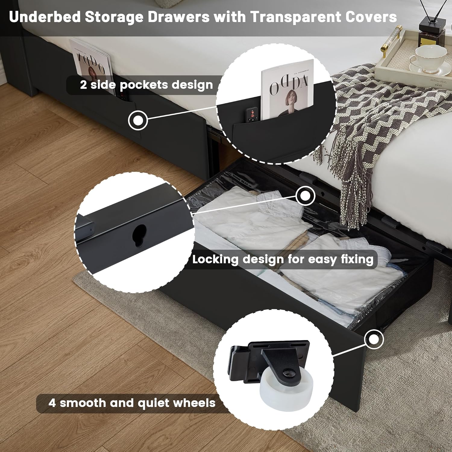 Torana Queen LED Bed Frame with 2 Drawers, 52" Ultra-High Platform Beds with Galaxy Aurora Star Projector and Charging Station, PU Leather Upholstered Diamond Tufted Wingback Bedframe, Black