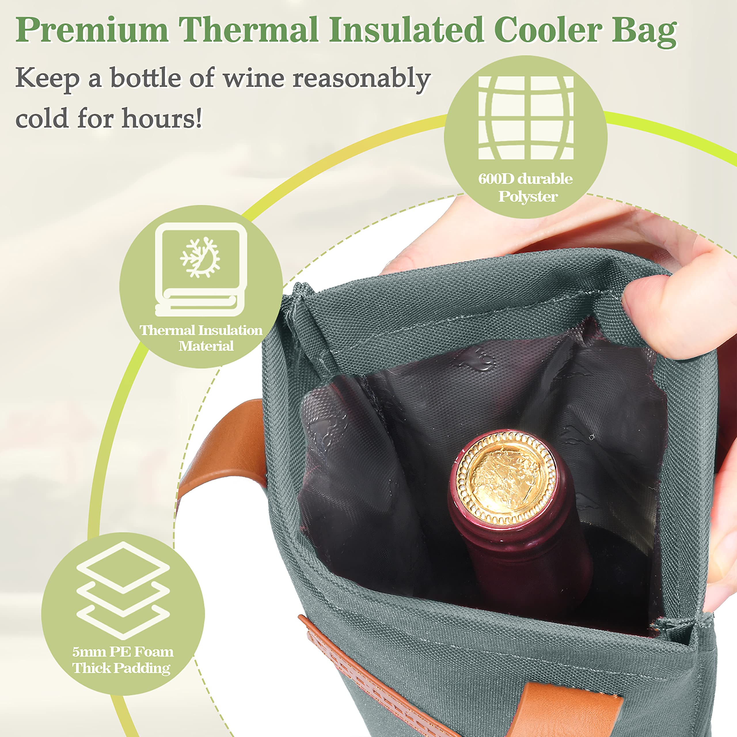 Kato Tirrinia Borsa regalo per vino singolo, borsa termica isolata e imbottita per il trasporto di bottiglie di vino per viaggi, picnic, grande regalo per gli amanti del vino, grigio