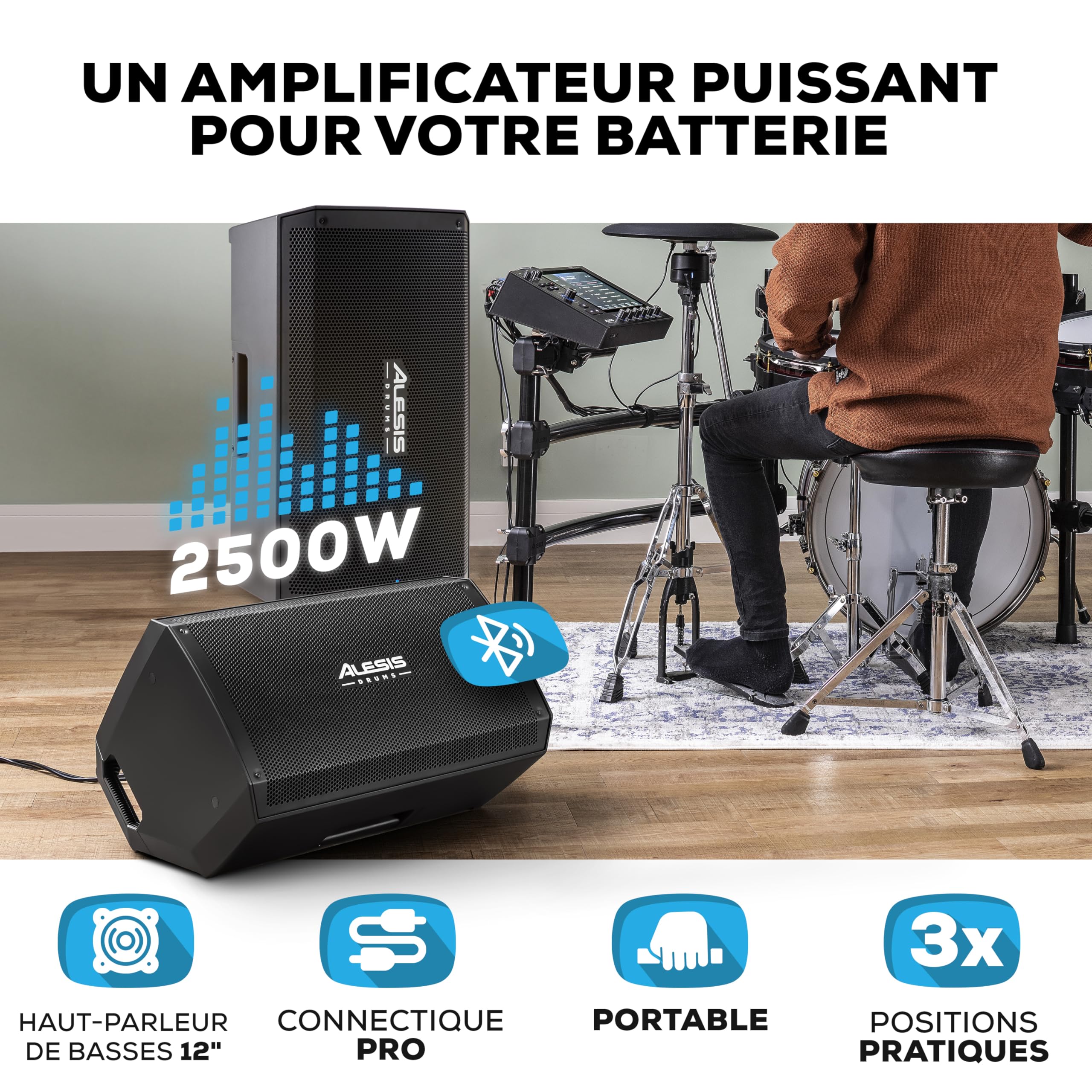 Alesis Strike Amp 12 MK2 - Amplificateur 2500 W pour Batterie électronique avec Bluetooth, woofer 12", Filtre Passe-Haut et Mise à la Terre
