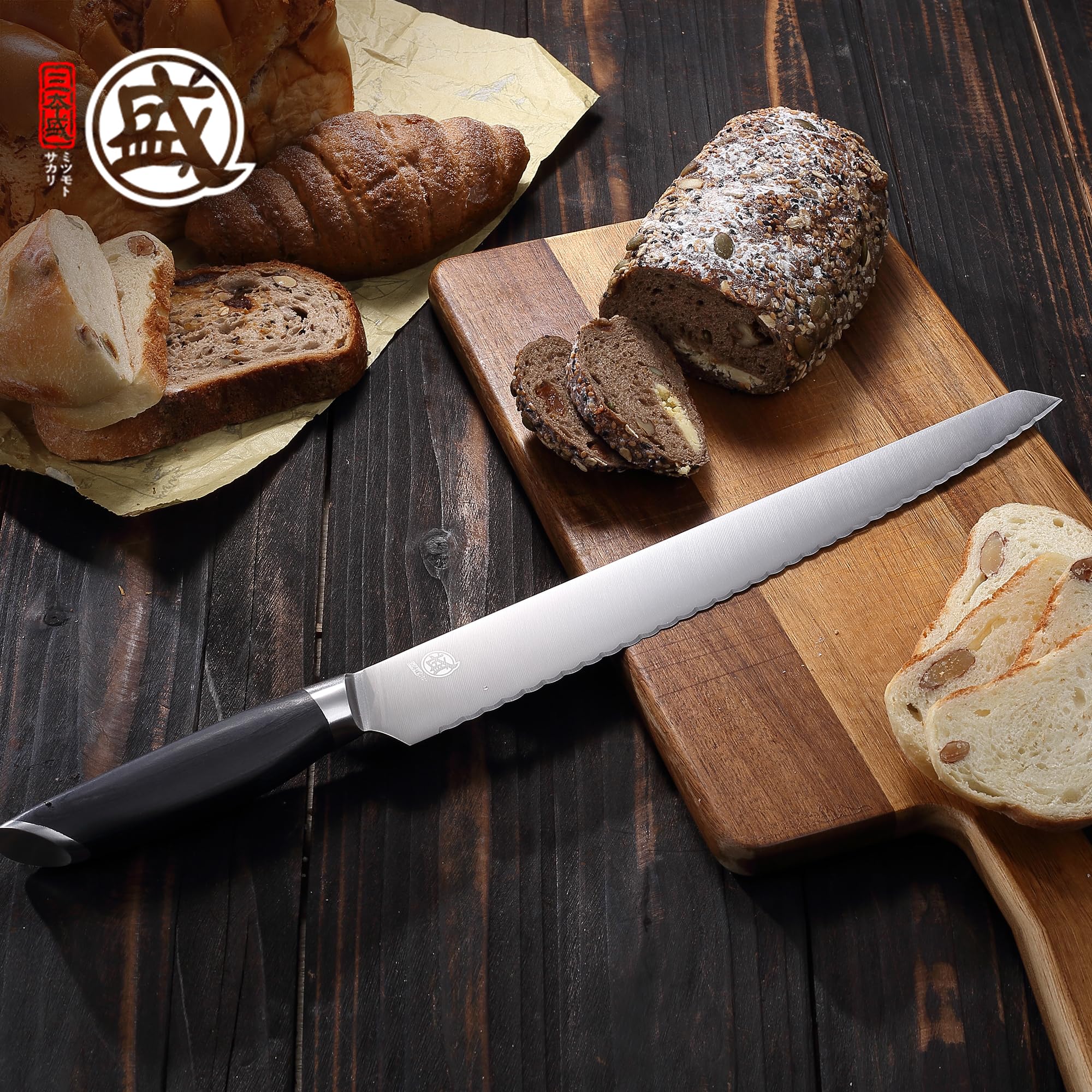 MITSUMOTO SAKARI 30 cm Doppelschneidiges Edelstahl Brotmesser | Extrem Scharfer Japanischer Professioneller Wellenschliffmesser, Geeignet Für Brot, Bagels Und Kuchen , Pakkawood Griff