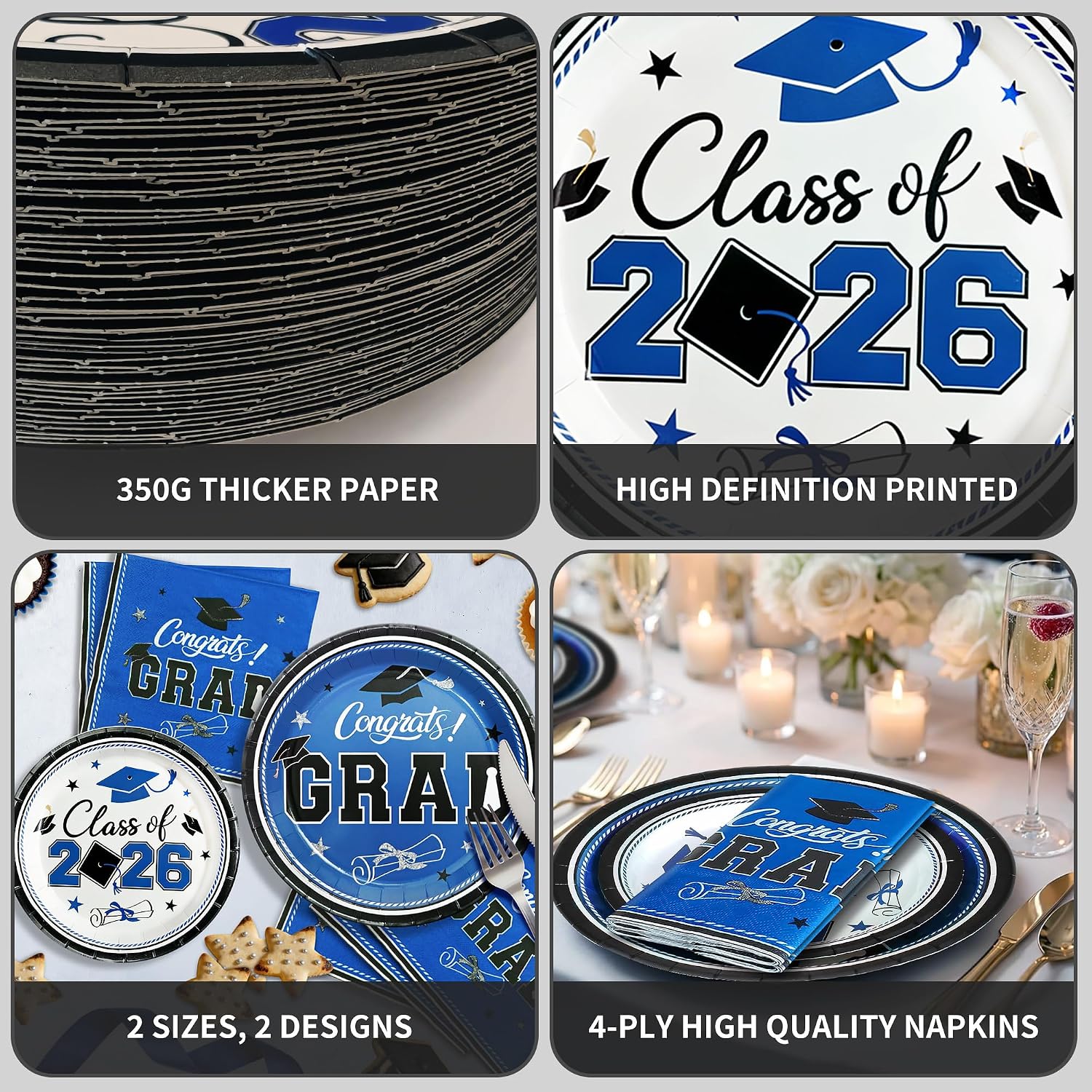 2026 Blue and Black Graduation Party Supplies - Thickened Disposable Paper Plates and Napkins, 50 Sets of 7" & 9" Plates and Napkins for 50 Guests image 5