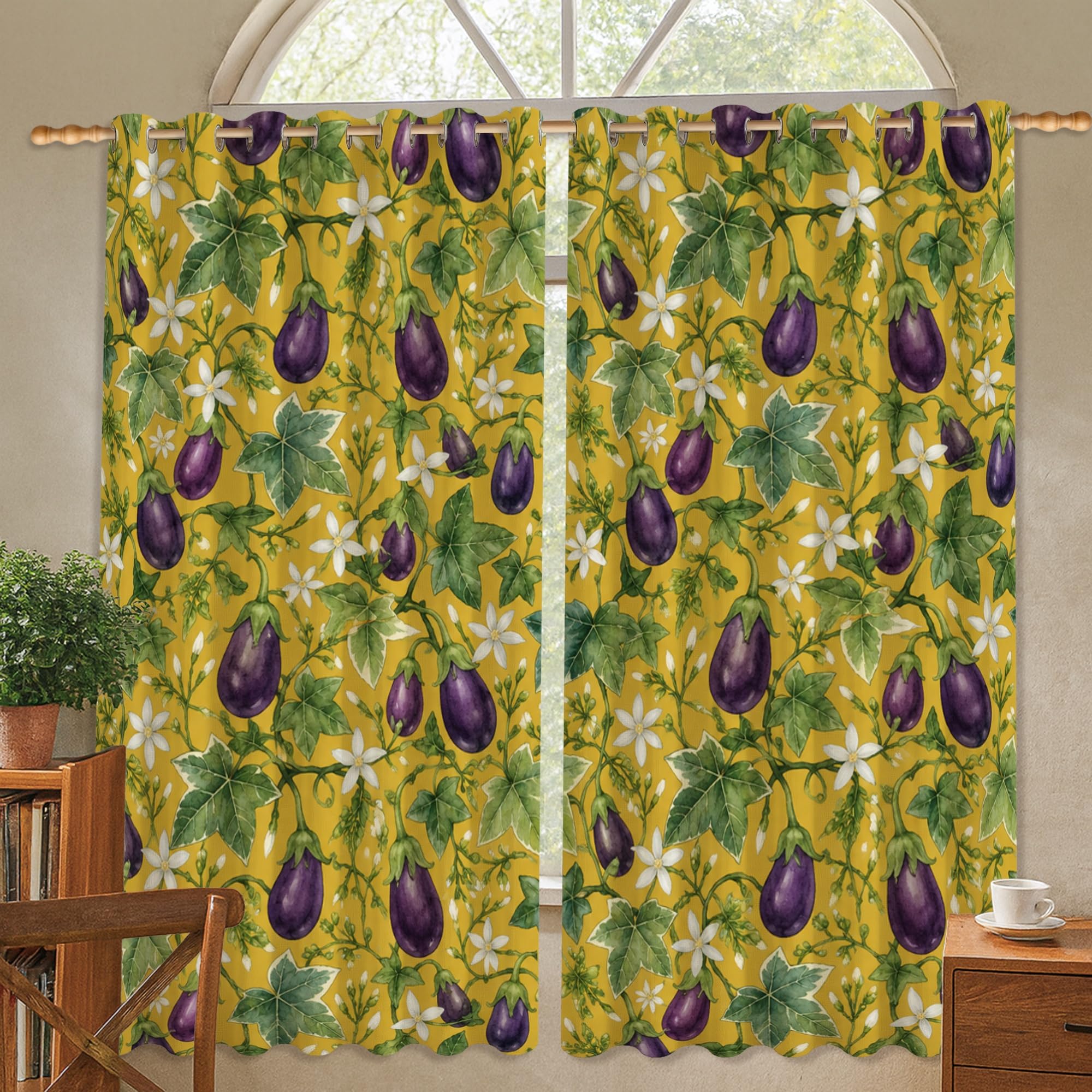Rideaux occultants aubergines à motif floral lavables en machine 106x114cm