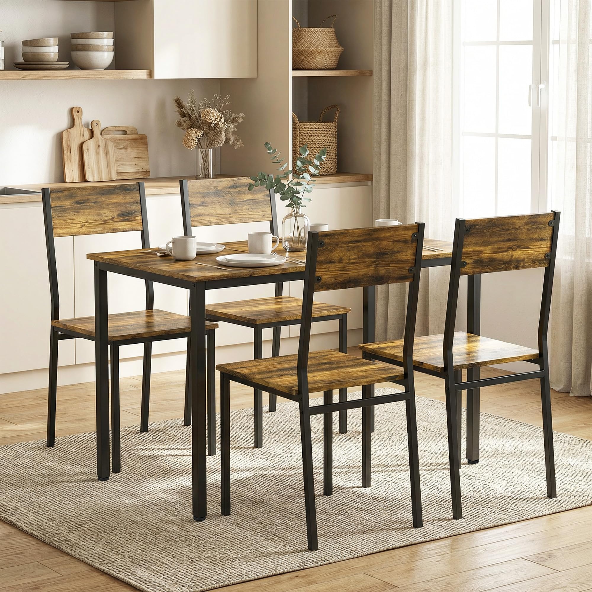 HOMCOM Ensemble Table Salle à Manger avec 4 chaises, Table de Cuisine pour 4 Personnes, Plateau rectangulaire 108 cm, Style Industriel, Pieds en métal, idéal Petit Espace, Brun Rustique