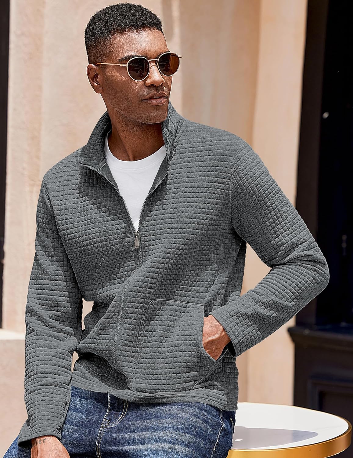 COOFANDY Men's Lightweight Varsity Jacket Casual Bomber Jackets Waffle Zip Up Sweatshirts with Pocket - Image 2