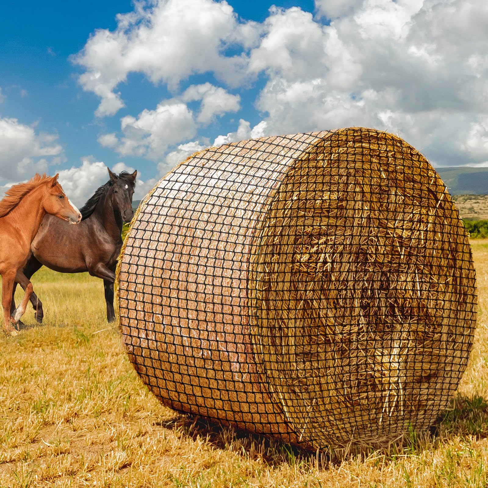 MIYABALA Round Bale Hay Net for Horses,5x5 Feet Knotless Slow Feed Hay Net Feeder for Livestocks,Heavy Gauge Large Hay Net for Horses, Cattle, Sheep in Farms and Pastures