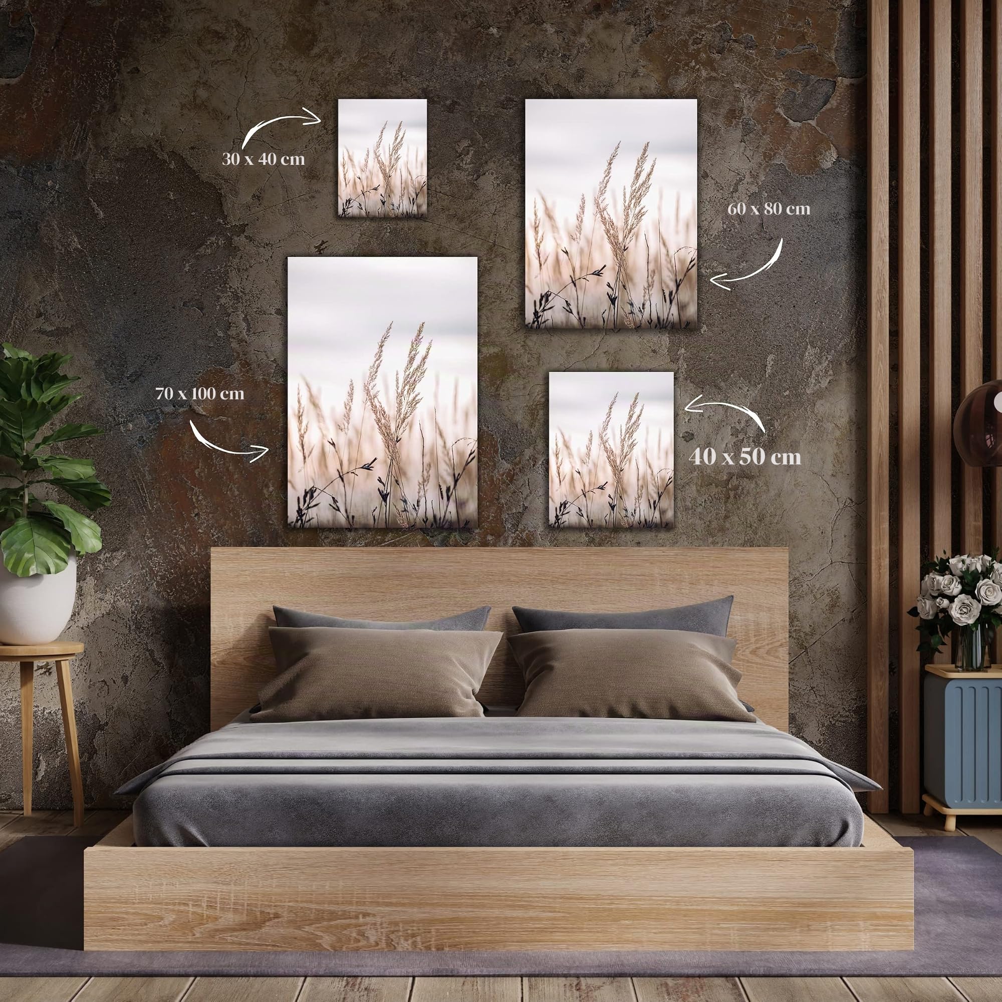 Leinwandbild Grasses I 70 x 100 cm | Bild auf Leinwand im Hochformat in sanften monochromen Farben | Gras Feld Wiese Natur Blumen Trockenblumen | Wohnzimmer Schlafzimmer Flur | Deko Home Einrichtung