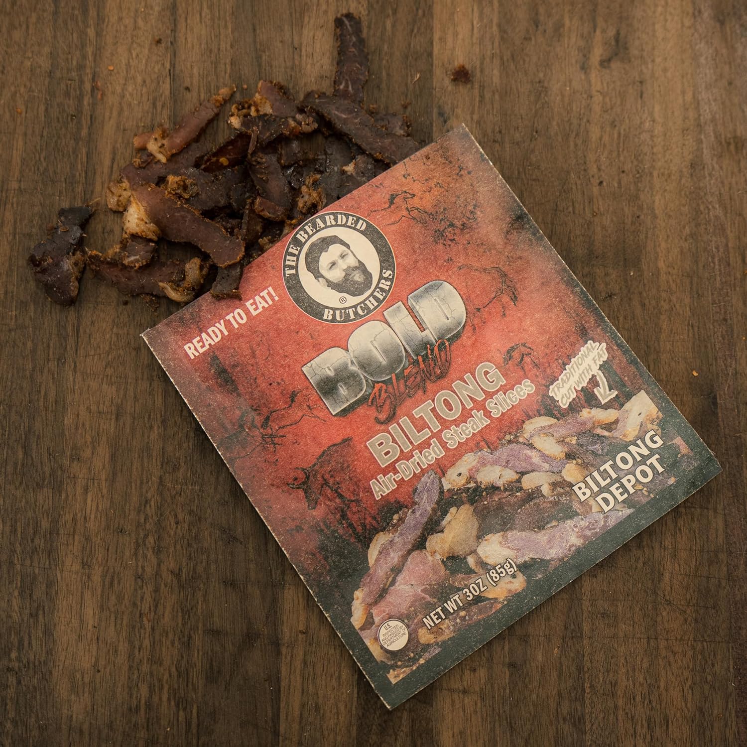 Bearded Butchers Bold Blend Biltong 3 oz Traditional Cut with Fat, Pack of 3 – Air-Dried Beef Snack, High Protein (39g Per Pack), Zero Sugar, Gluten-Free, No Added MSG – Boldly Seasoned, Premium Steak Slices, Keto & Paleo Friendly