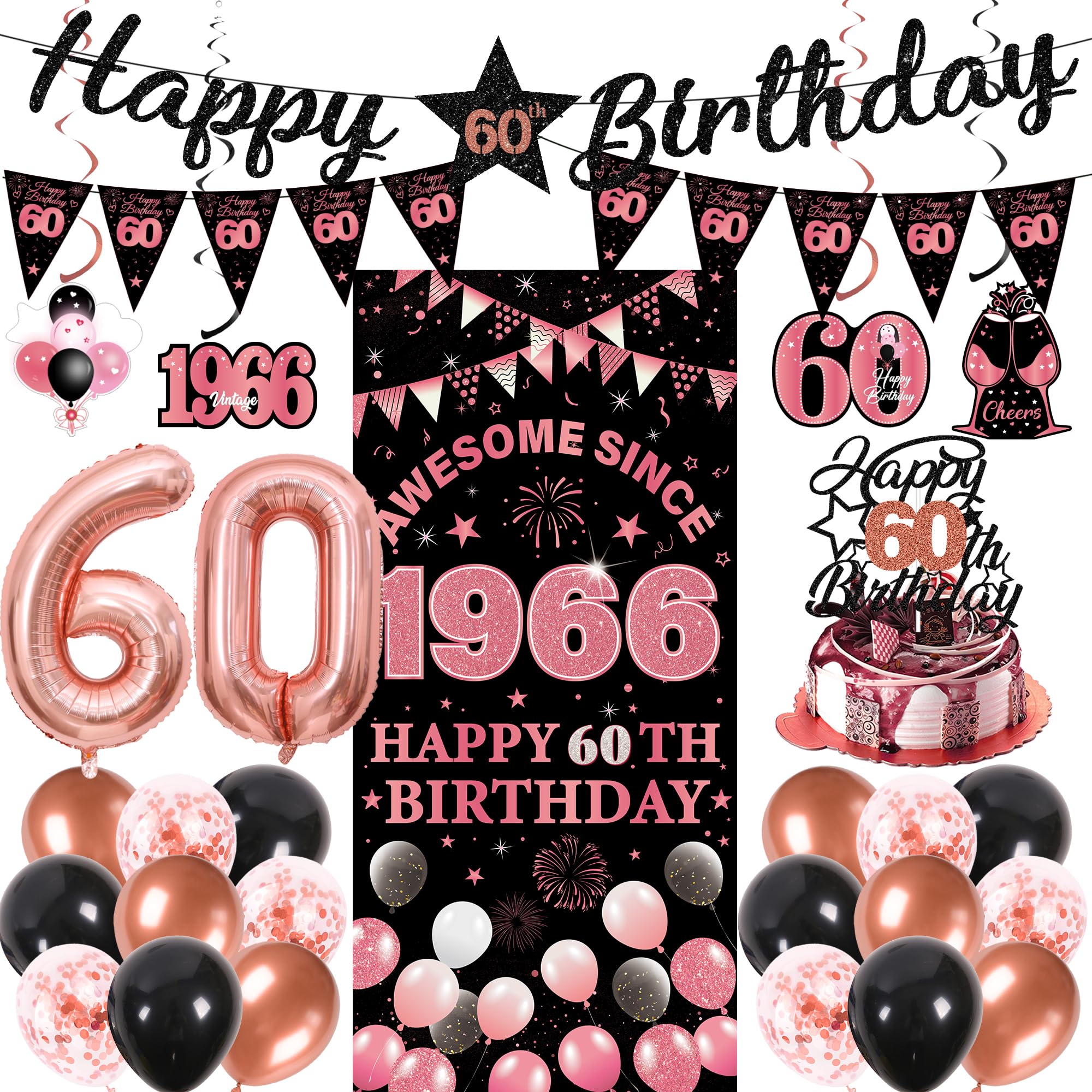 60th Birthday Decorations Women Kit - 27 Pcs Black Rose Gold Happy 60th Birthday Banner Triangular Flag Hanging Swirls Backdrop Cake Topper 60 Balloon Set for 60 Years Old Party Decoration Supplies