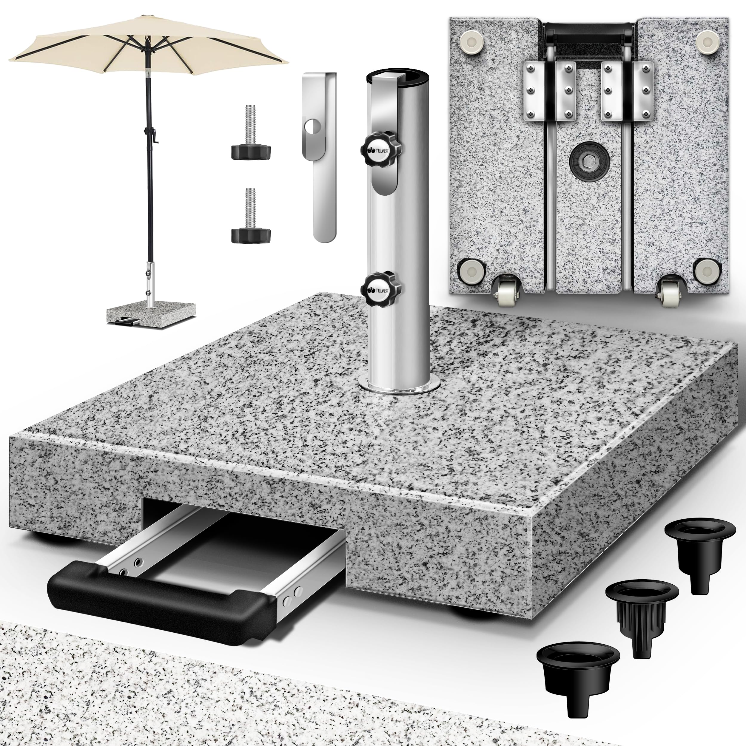 tillvex® Granit Sonnenschirmständer mit Edelstahlrohr | Schirmständer Sonnenschirm für Schirmstöcke 16-48mm & 300cm Schirmdurchmesser mit Transportgriff (Grau, Eckig mit Trolley-Griff)