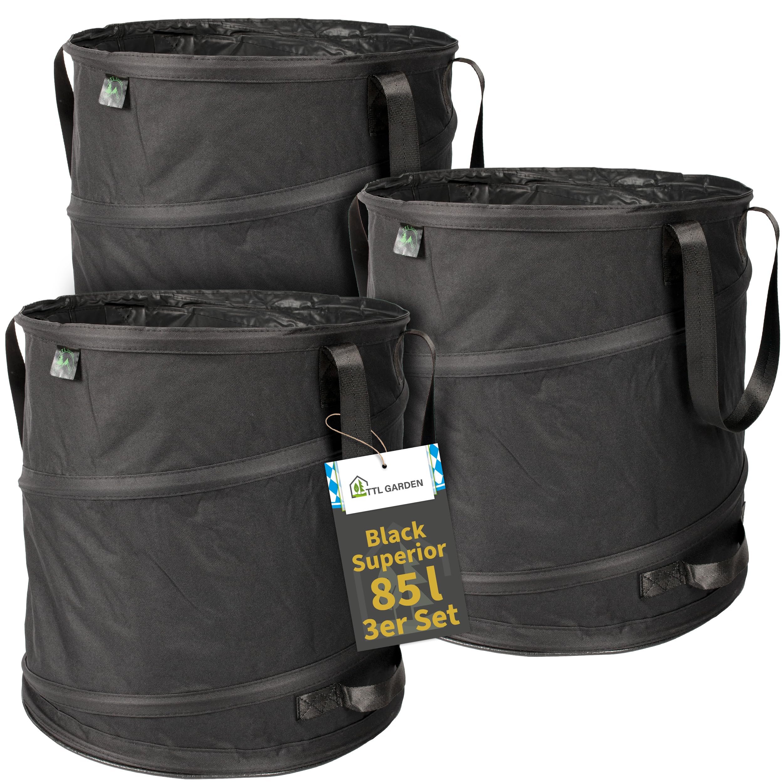 TTL GARDEN BLACK SUPERIOR 3x 85L Pop Up Gartensack - DOPPELTER BODEN 260gsm extra stabil 600D Oxford 3er Set 85 Liter Gartenabfallsack Laubsack faltbar Grünschnitt Garten Abfall selbstaufstellend
