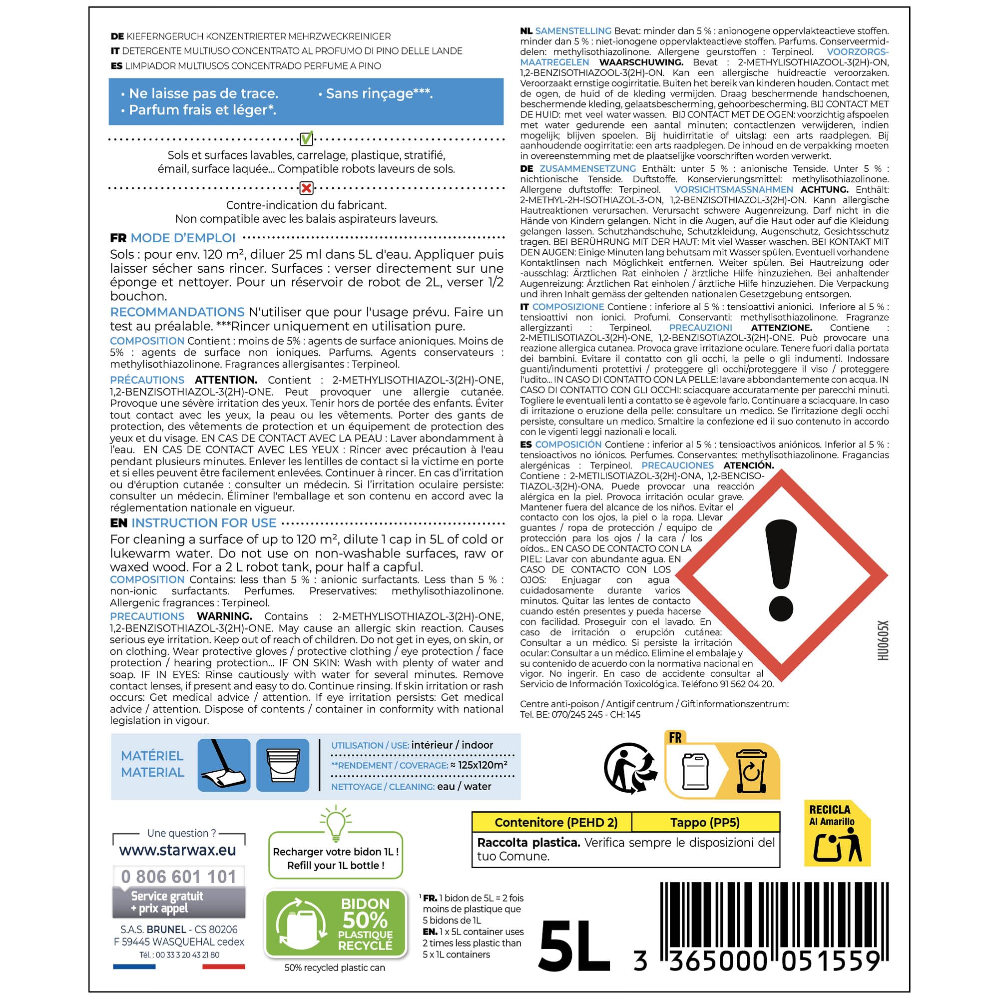 STARWAX Nettoyant multi-usages concentré parfum pin des landes 5L | Nettoie et dégraisse sols et surfaces lavables, sans ammoniaque ni javel, sans rinçage, compatible robots, grand format