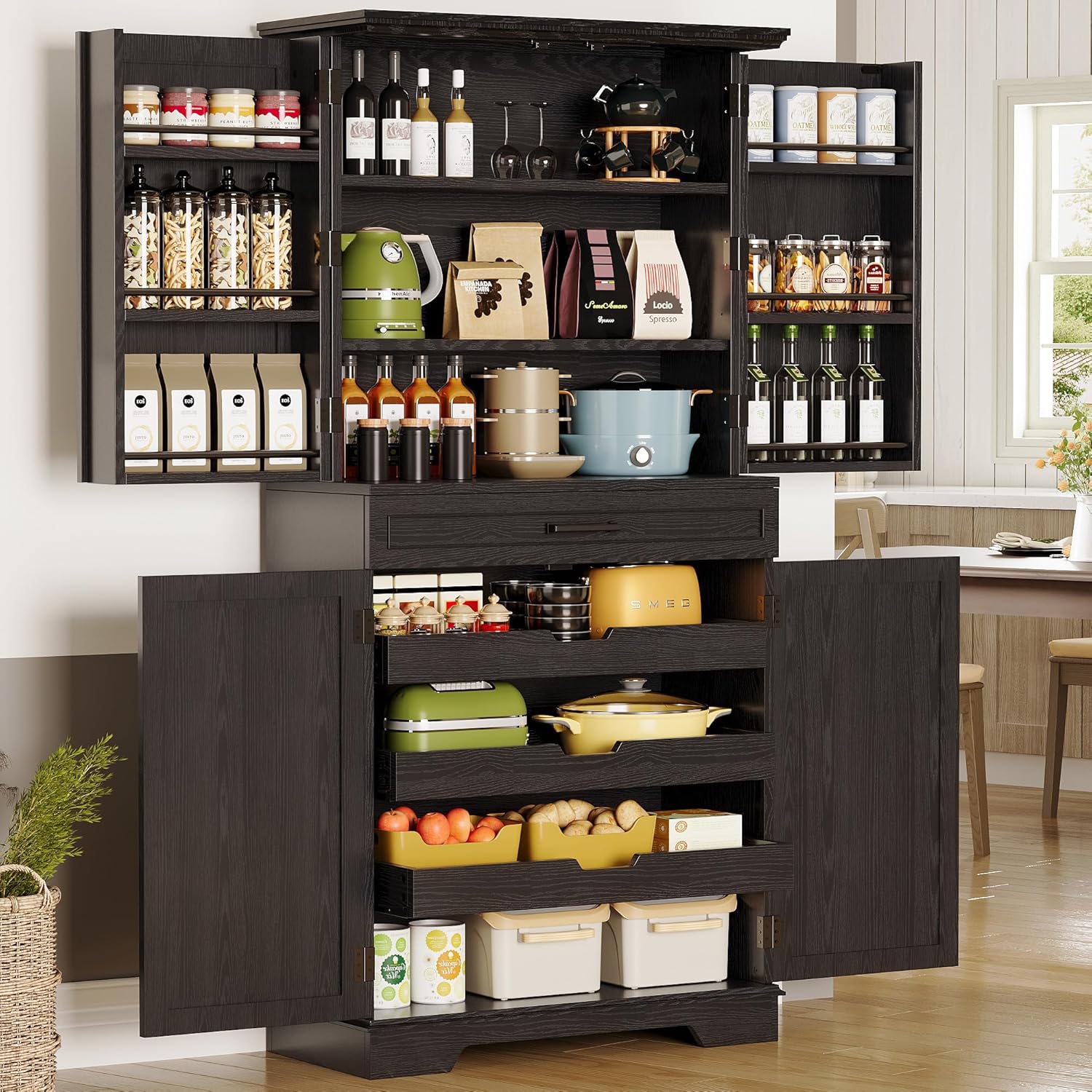 IRONCK Farmhouse Kitchen Pantry Cabinet, 72" Height Tall Freestanding Cupboard with Sliding Storage Rack and 6 Hanging Shelves for Kitchen, Dining Room, Black