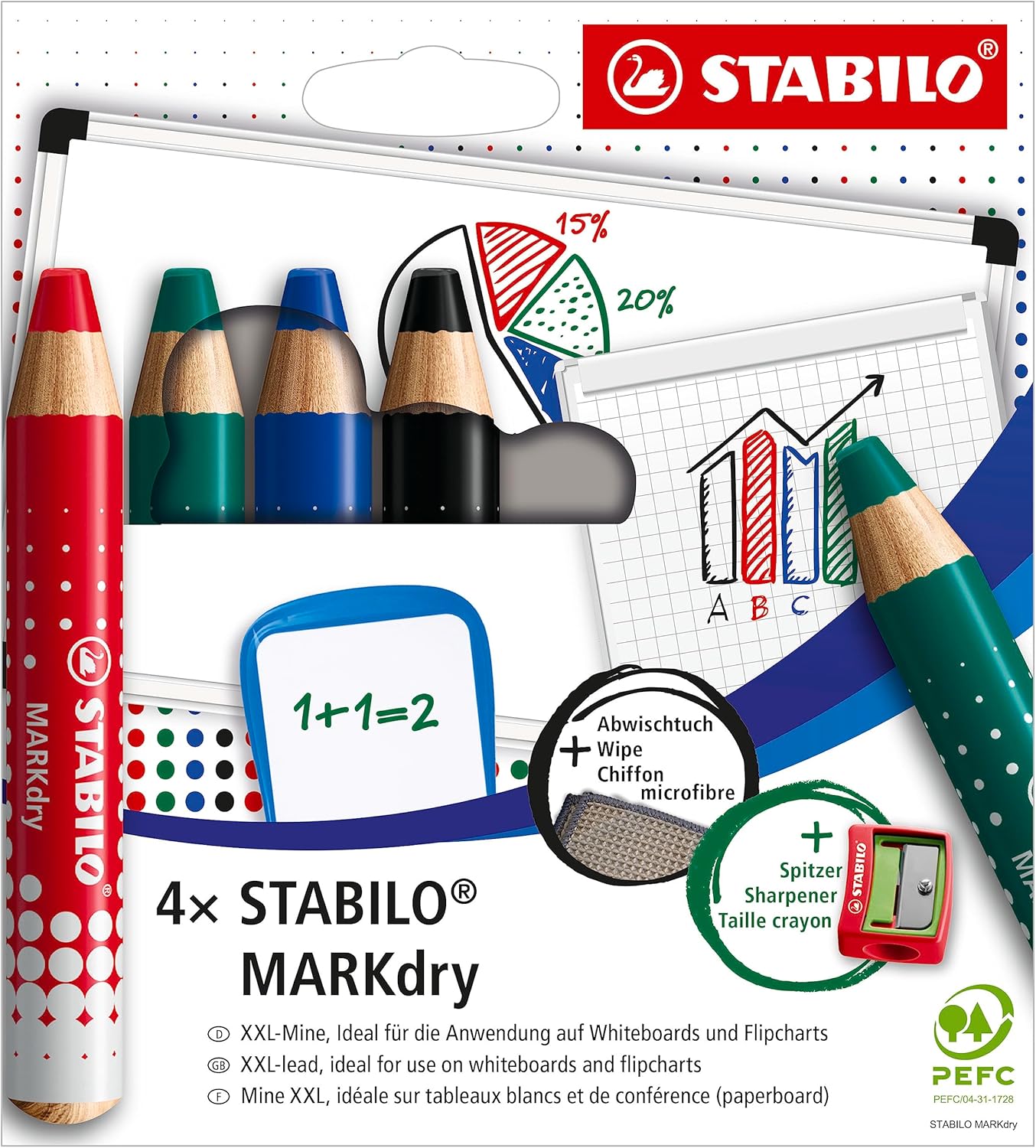 Whiteboard and Flipchart Markers STABILO MARKdry Pack of 4 Assorted Colours with Sharpener